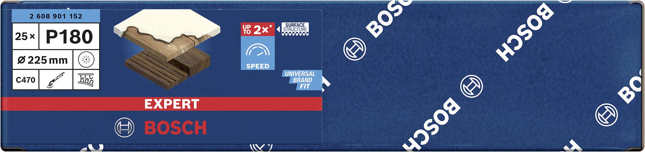 Opakowanie papieru ściernego Bosch, typ P180, odpowiedni dla średnicy 225 mm, podkreślający wysoką prędkość i trwałość.