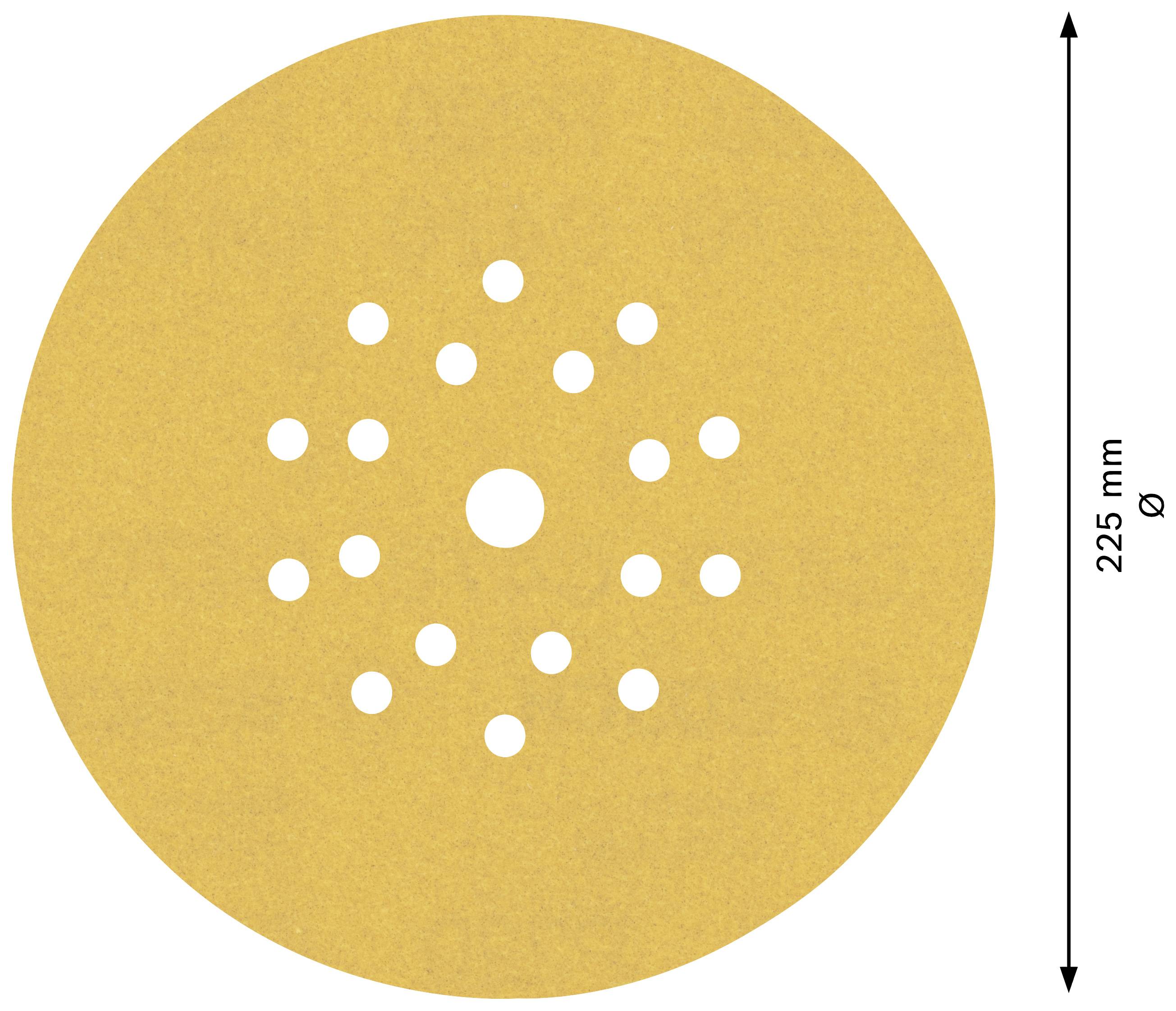 Krążek papieru ściernego o średnicy 225 mm, posiadający kilka otworów o różnych rozmiarach ułożonych w koncentrycznych kołach.