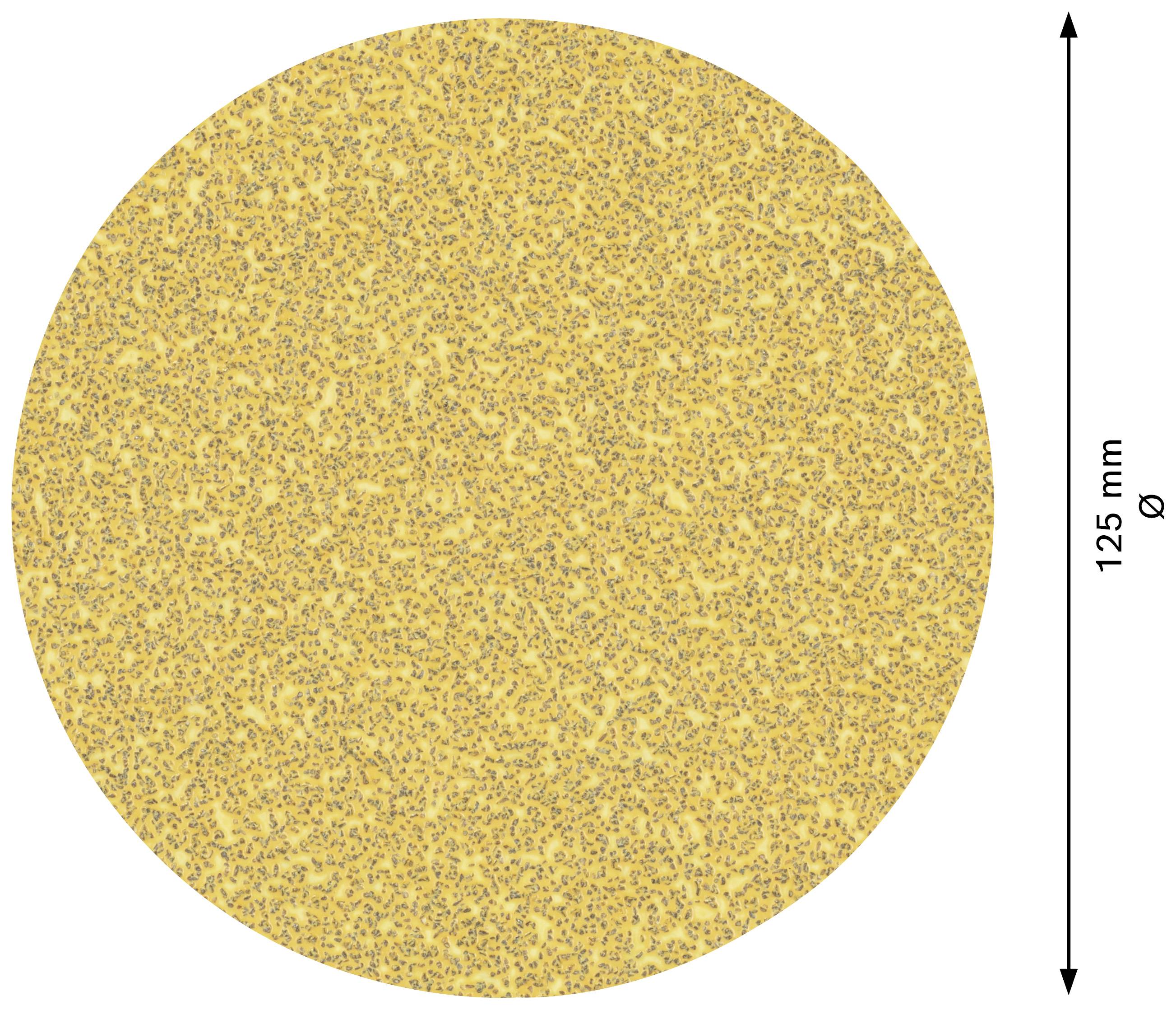 Okrągka gąbka ścierna o średnicy 125 mm w kolorze żółtym, pokropiona ciemniejszymi plamkami.
