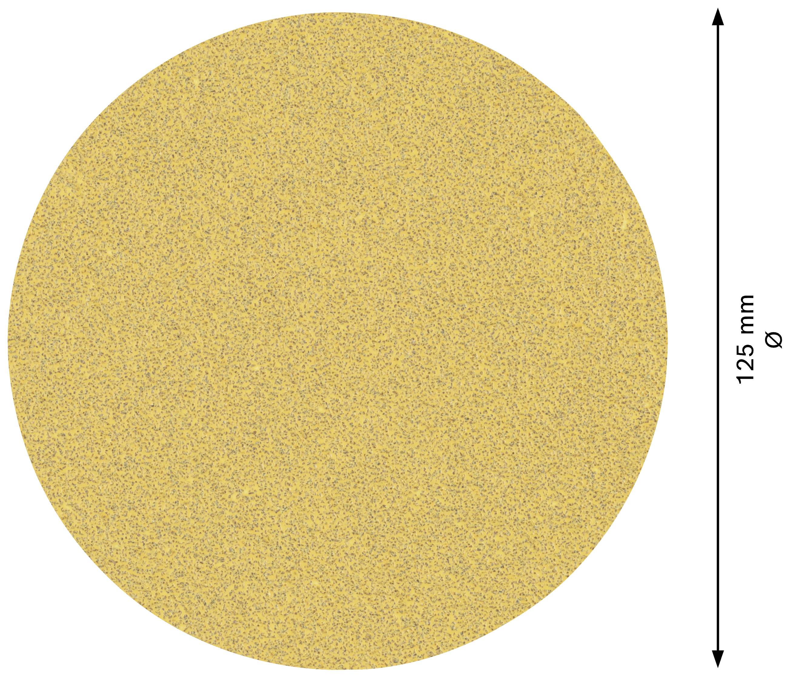 Krążek ścierny z papieru ściernego, okrągły, o średnicy 125 mm, o żółtej ziarnistości, stosowany do wygładzania powierzchni.
