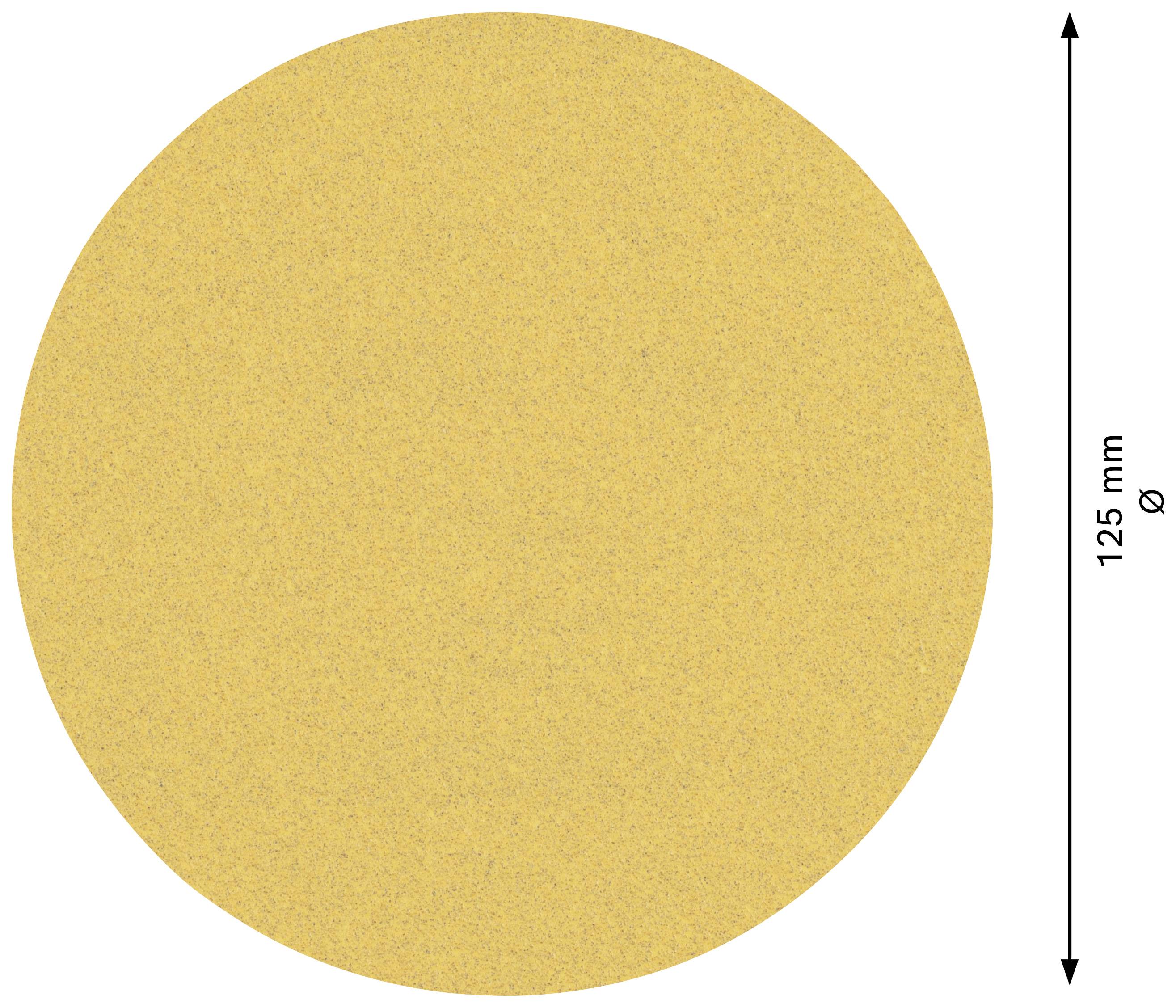 Okrągła tarcza szlifierska o średnicy 125 mm. Tarcza wykonana jest z żółtego materiału ściernego.