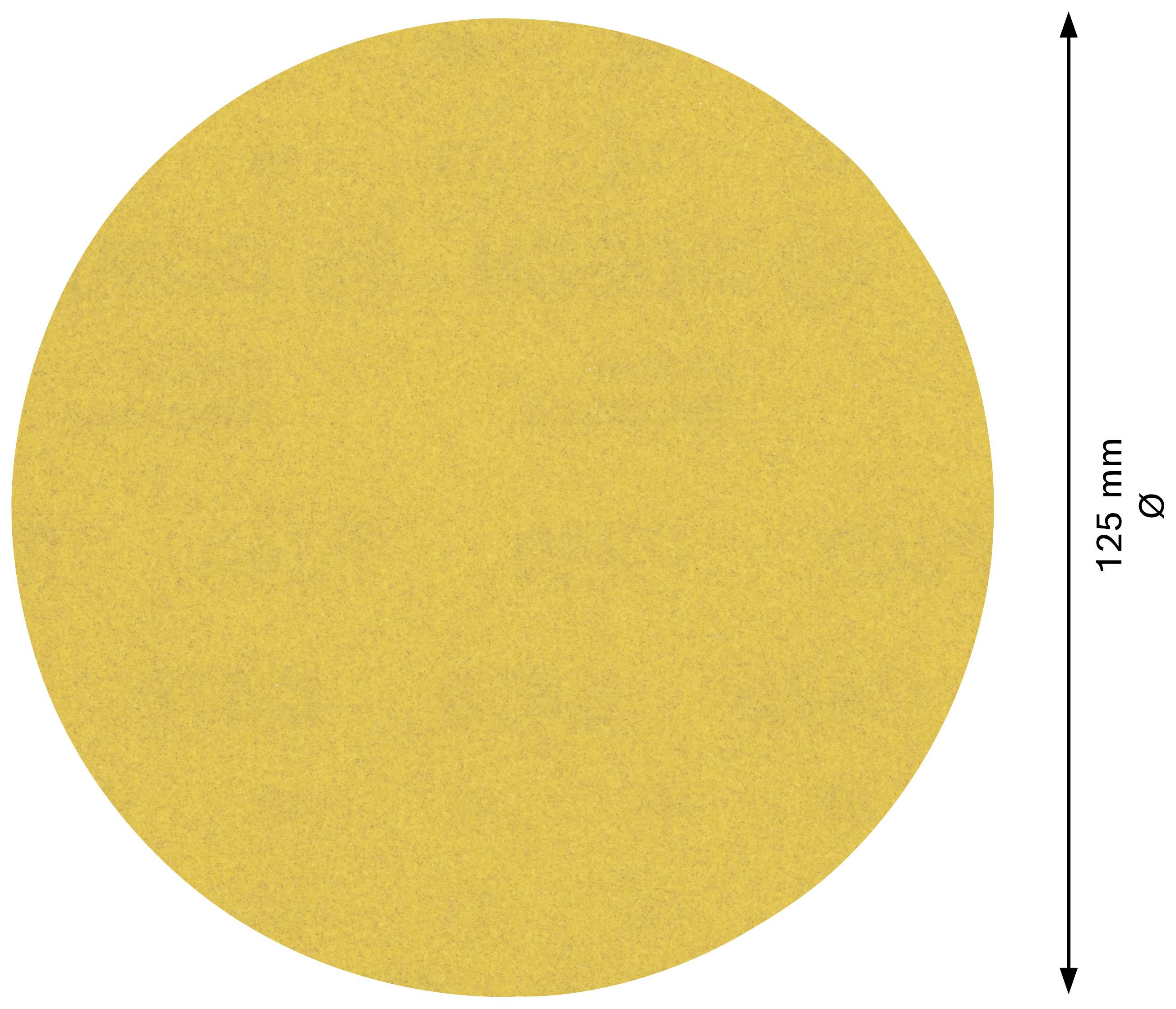 Okrągła, żółta tarcza szlifierska o średnicy 125 mm.