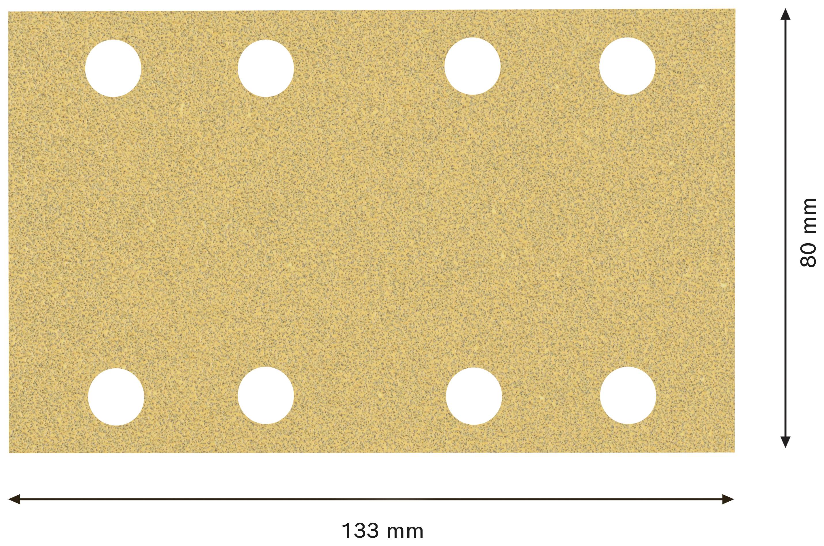 Beżowy papier ścierny z ośmioma otworami, o szerokości 133 mm i wysokości 80 mm.