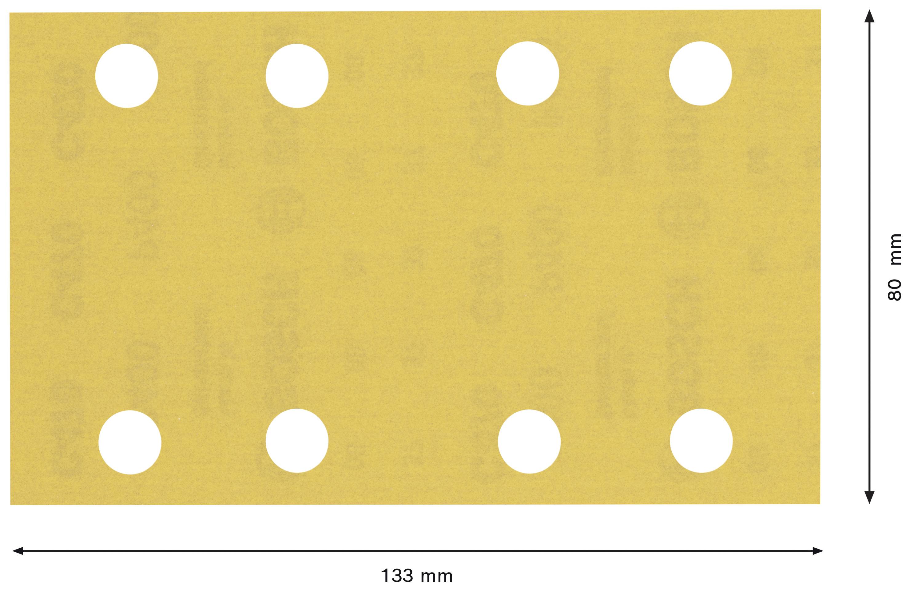 Prostokątny, żółty papier ścierny z sześcioma otworami. Wymiary: 133 mm szerokości, 80 mm wysokości. Strzałki wzdłuż krawędzi wskazują wymiary.
