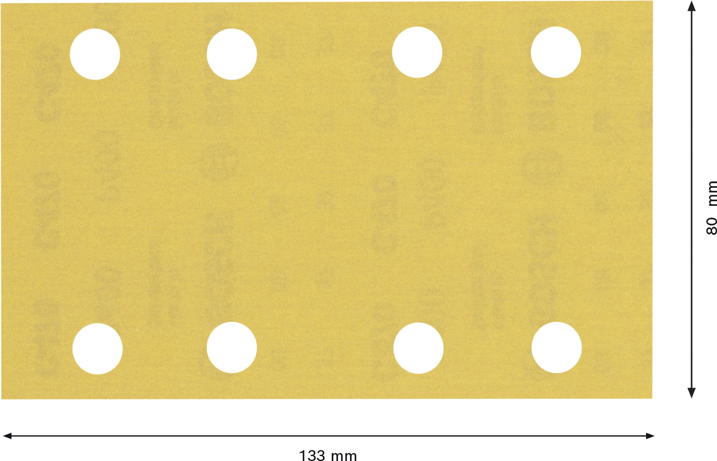 Papier ścierny z sześcioma otworami, prostokątny, wymiary: 133 mm x 80 mm, w kolorze żółtym, bez widocznych oznaczeń lub wzorów.