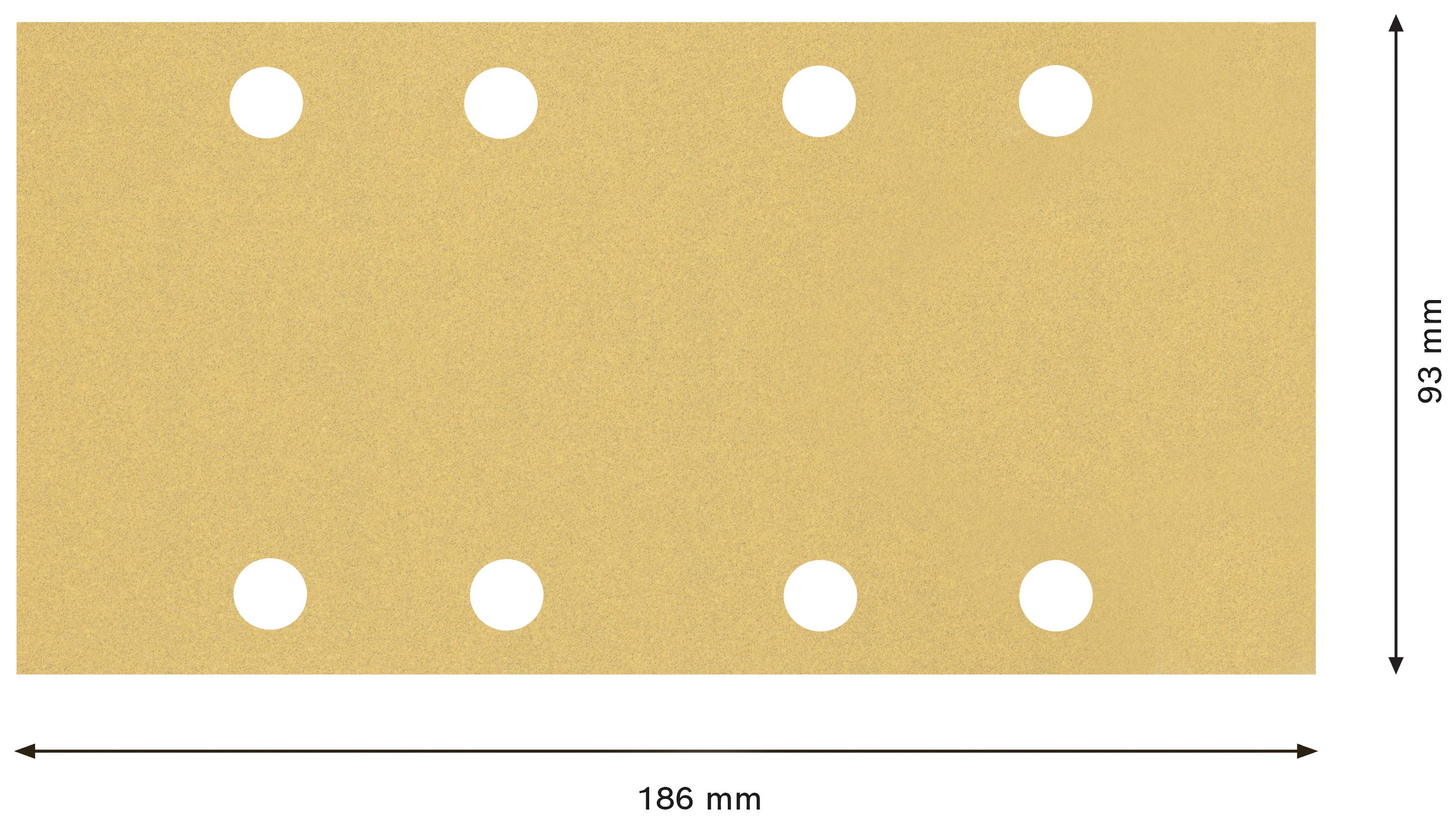 Prostokątny arkusz z sześcioma otworami, wymiary: 186 mm szerokości, 93 mm wysokości.