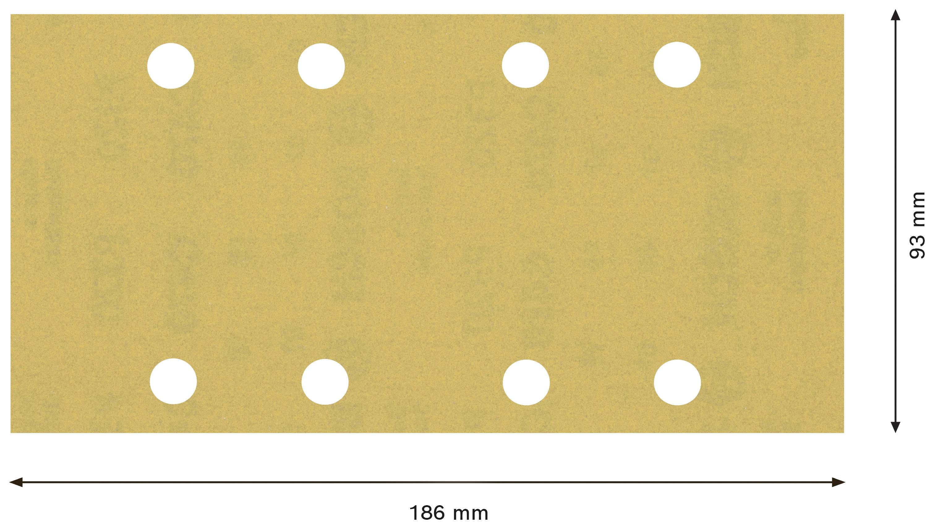 Żółty prostokąt z sześcioma otworami; wymiary 186 mm szerokości, 93 mm wysokości.