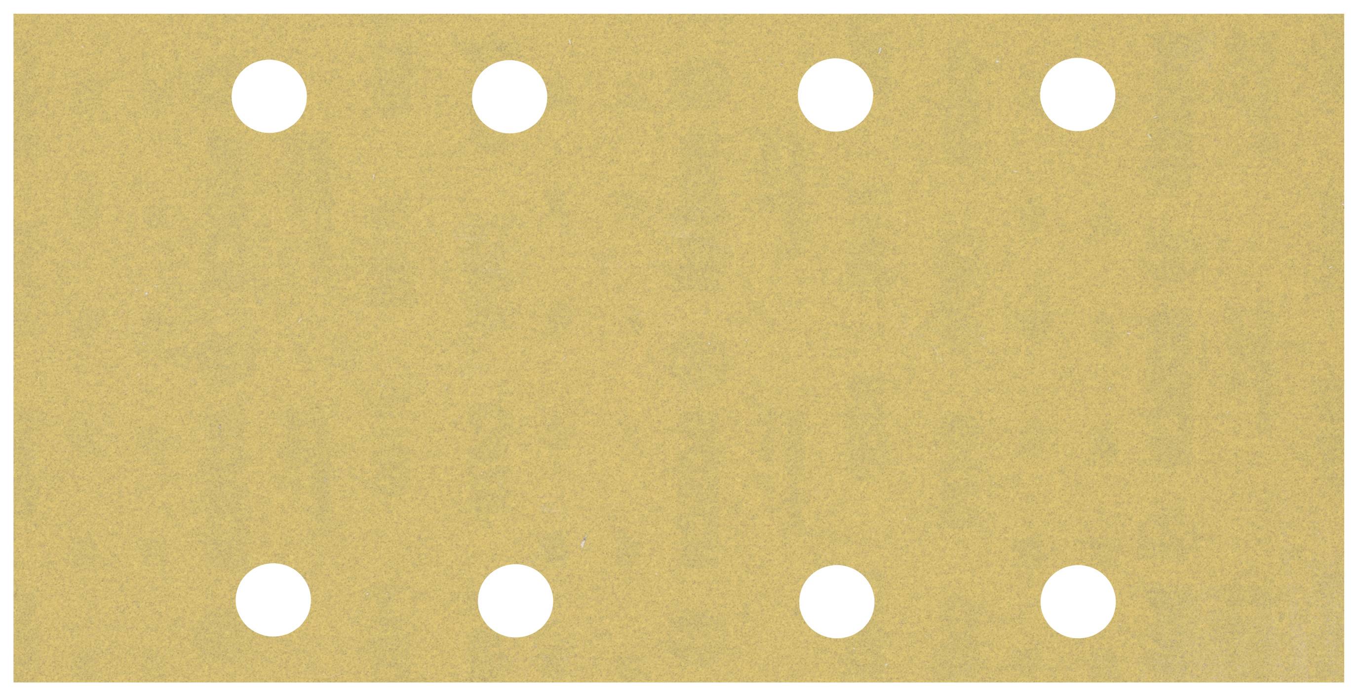 Osiem białych kół równomiernie rozłożonych na prostokątnym, ochrowym tle, przypominających wzór karty perforowanej.