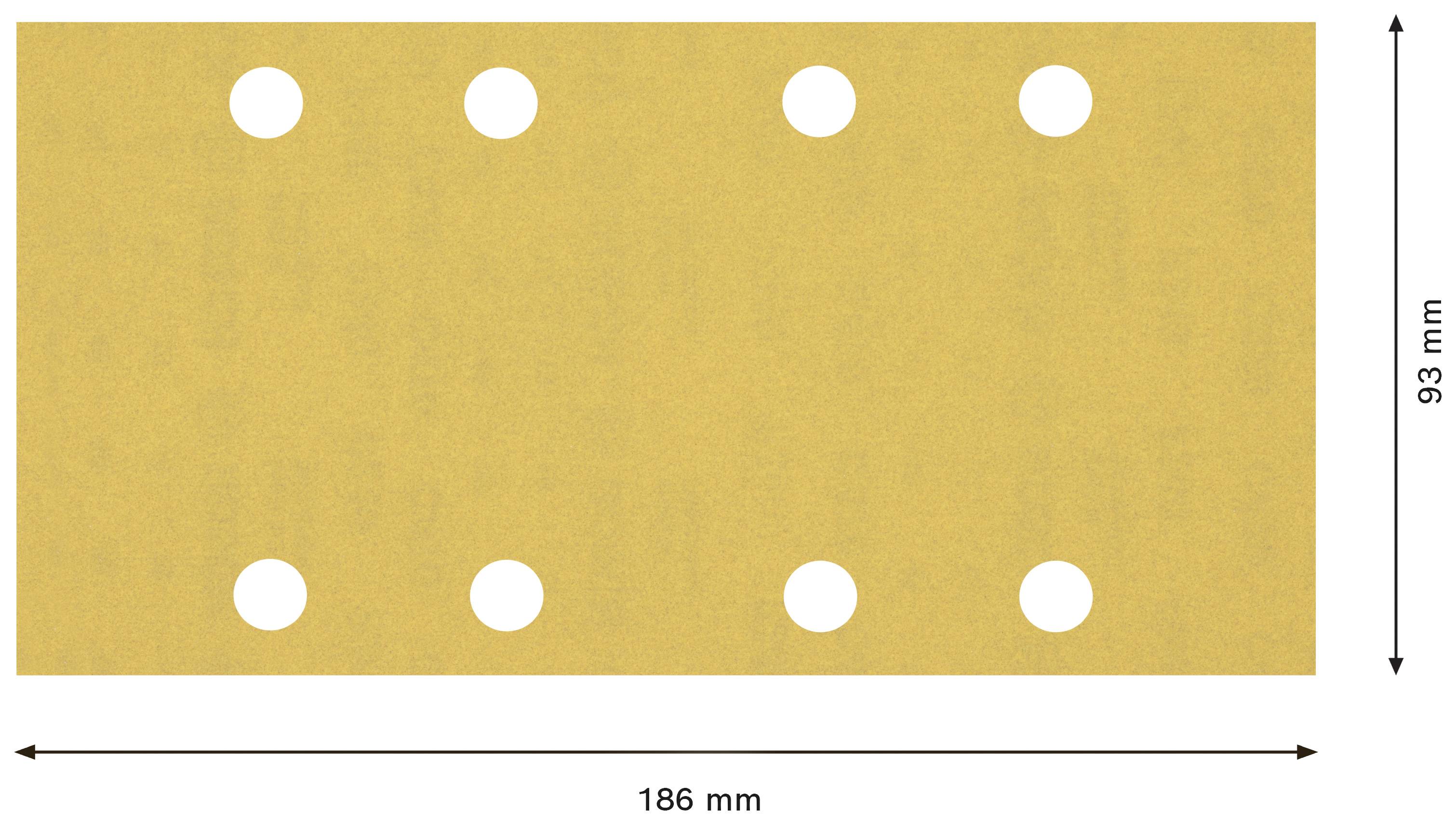 Prostokątny arkusz papieru ściernego o szerokości 186 mm, wysokości 93 mm, z dwiema rzędami po cztery okrągłe otwory.