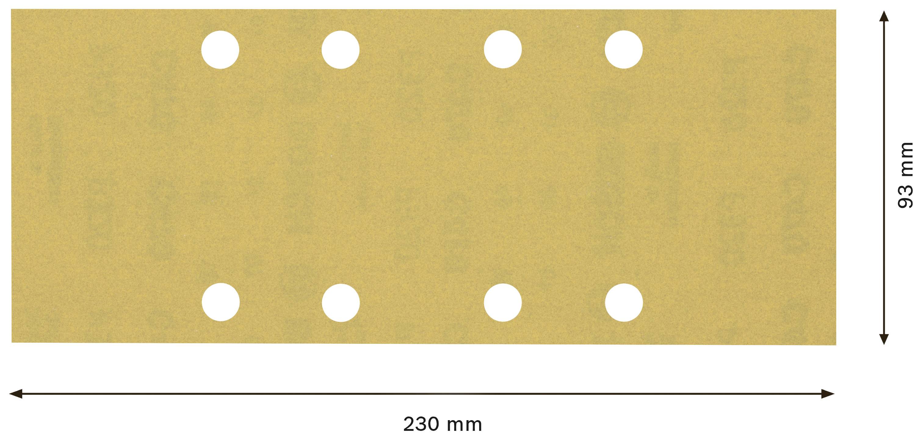 Papier ścierne prostokątne z sześcioma otworami. Wymiary: 230 mm szerokości, 93 mm wysokości.