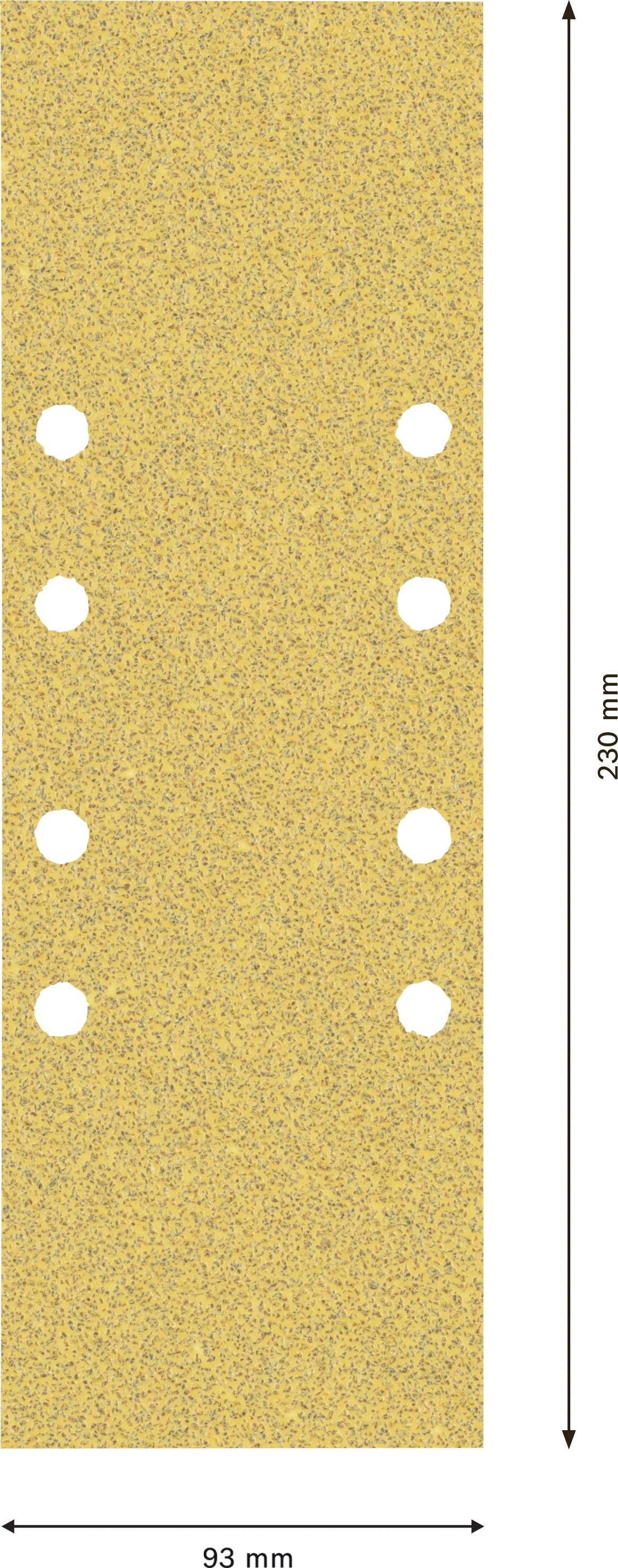 Prostokątny, piaskowożółty papier ścierny z sześcioma otworami, o rozmiarze 93 mm x 230 mm.