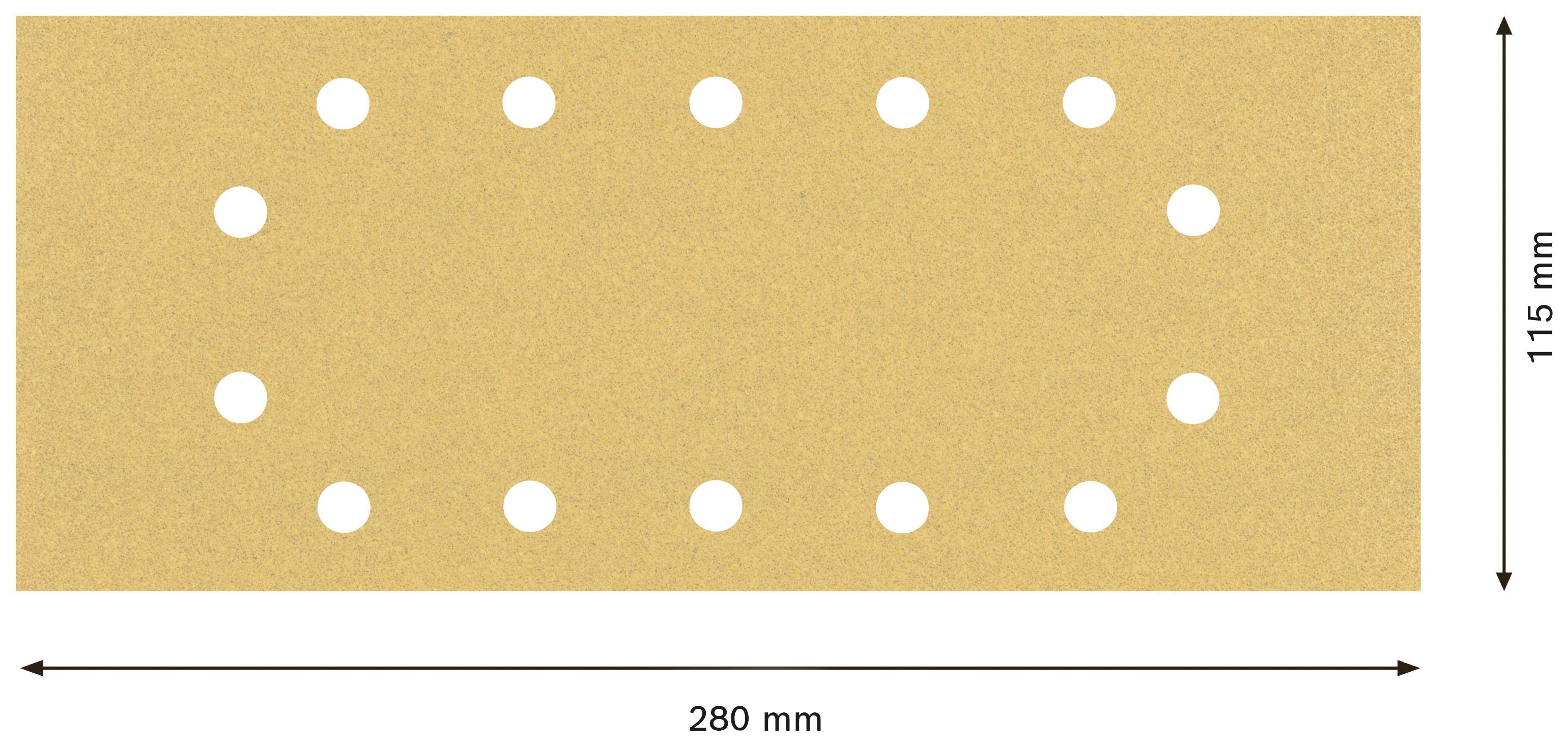 Prostokątny papier ścierny z 19 okrągłymi otworami, wymiary 280 mm x 115 mm.