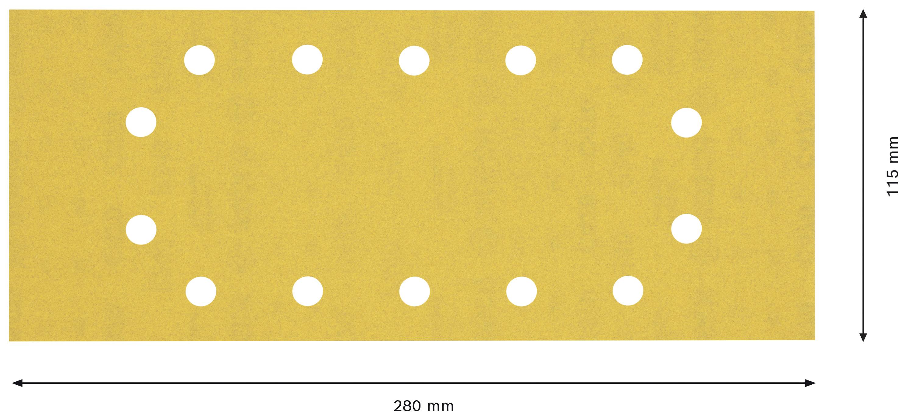 Żółty prostokąt z 18 białymi, równomiernie rozmieszczonymi otworami; wymiary: 280 mm szerokości, 115 mm wysokości.