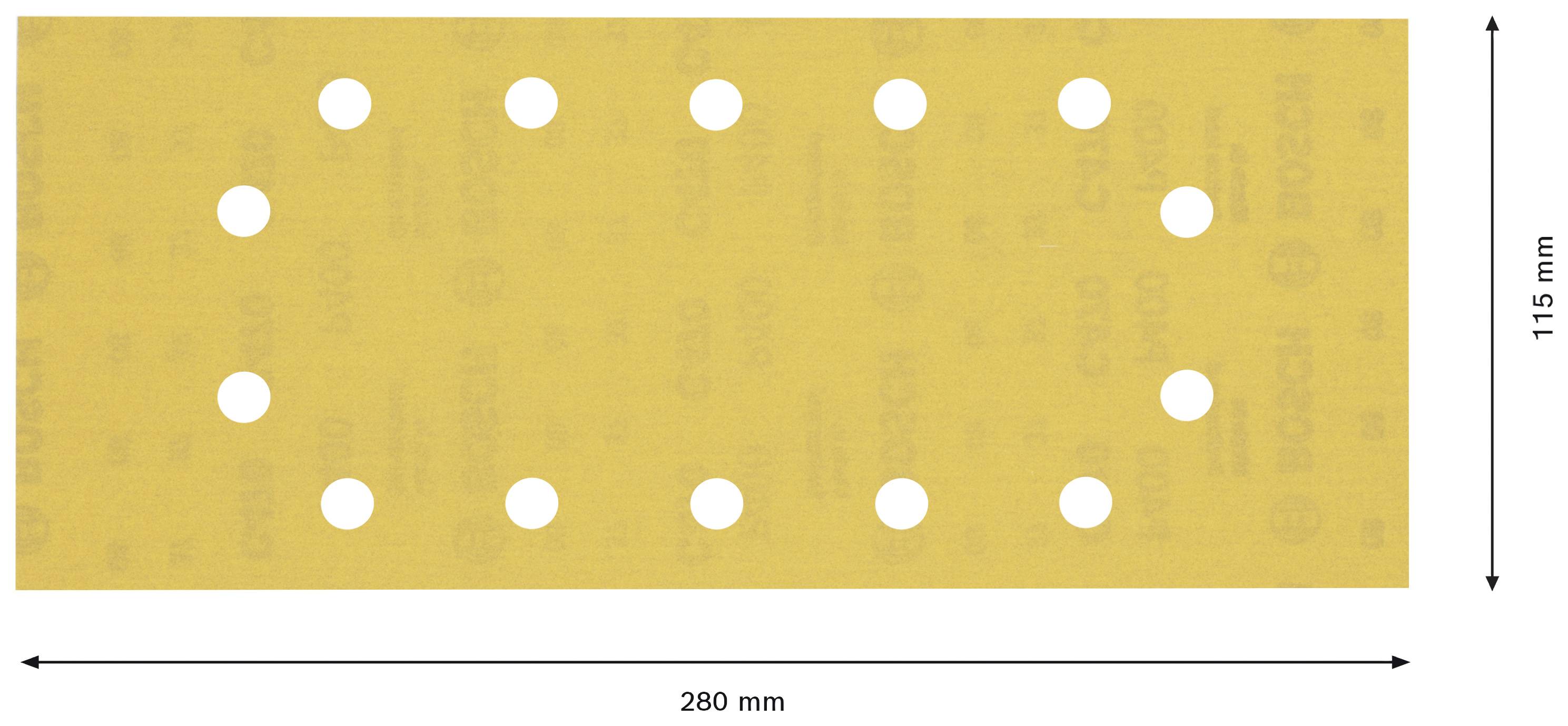 Żółty papier ścierny o prostokątnym kształcie, długości 280 mm i szerokości 115 mm, posiada symetrycznie rozmieszczone otwory.
