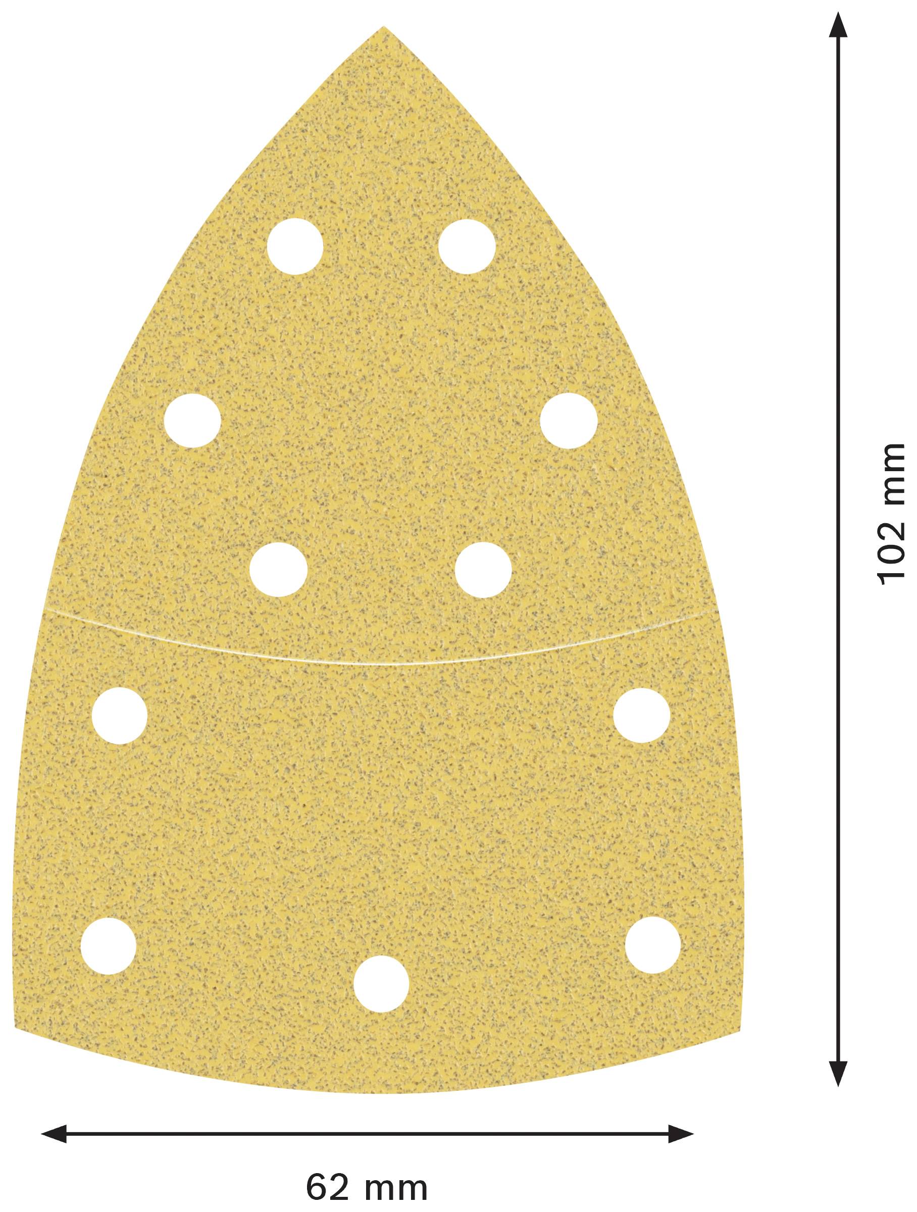 Ilustracja papieru ściernego o wymiarach 102 mm długości i 62 mm szerokości, przedstawiająca otwory do odsysania pyłu.