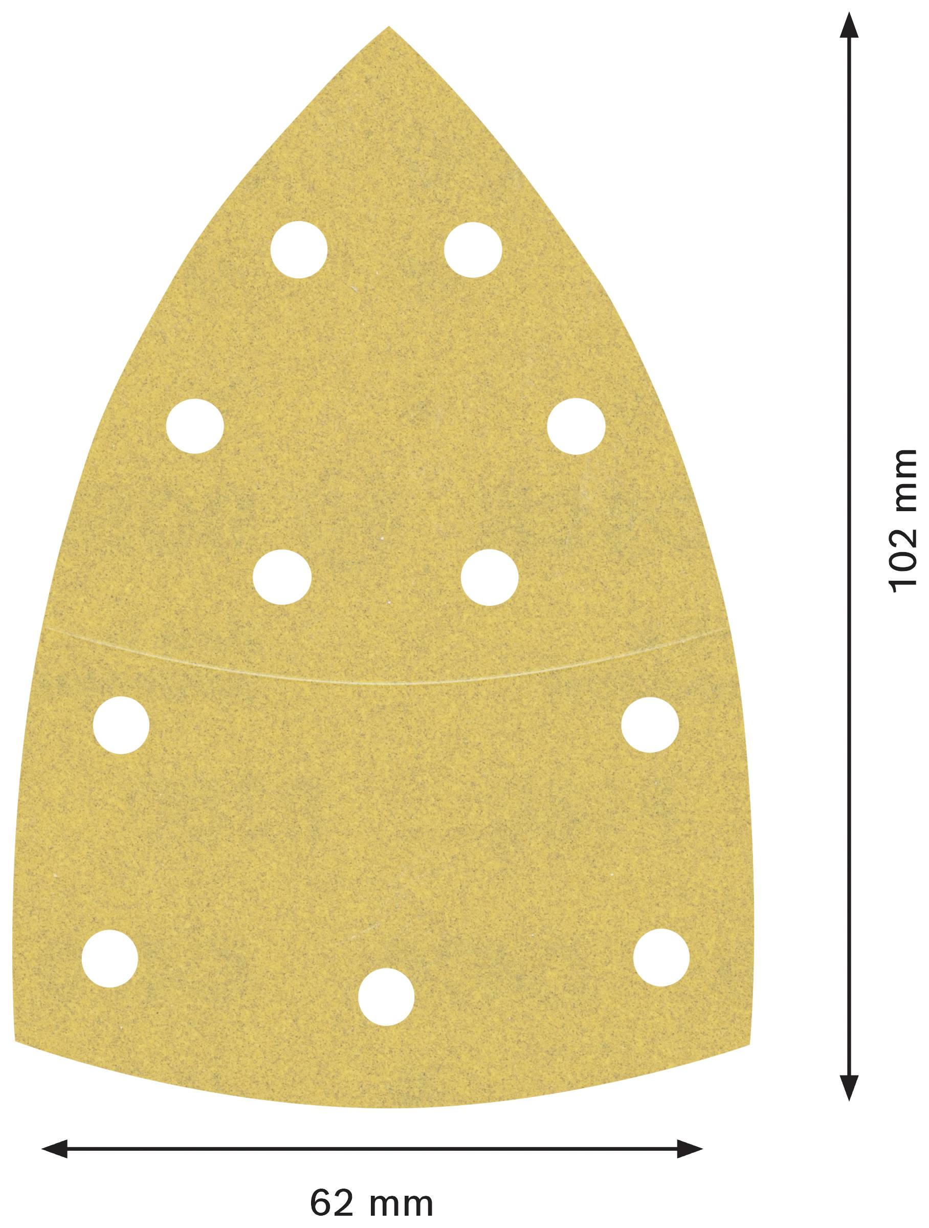 Ilustracja papieru ściernego o kształcie trapezowym z zaokrągloną końcówką, wysokości 102 mm i szerokości 62 mm, z dziewięcioma otworami rozmieszczonymi w równych odstępach.