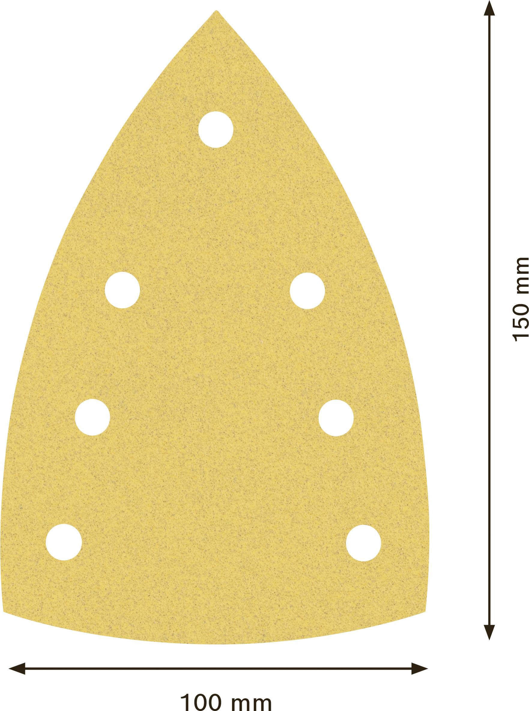 Papier ścierny w kształcie trójkąta, długi na 150 mm, szeroki na 100 mm, z siedmioma okrągłymi otworami do urządzenia szlifierskiego.