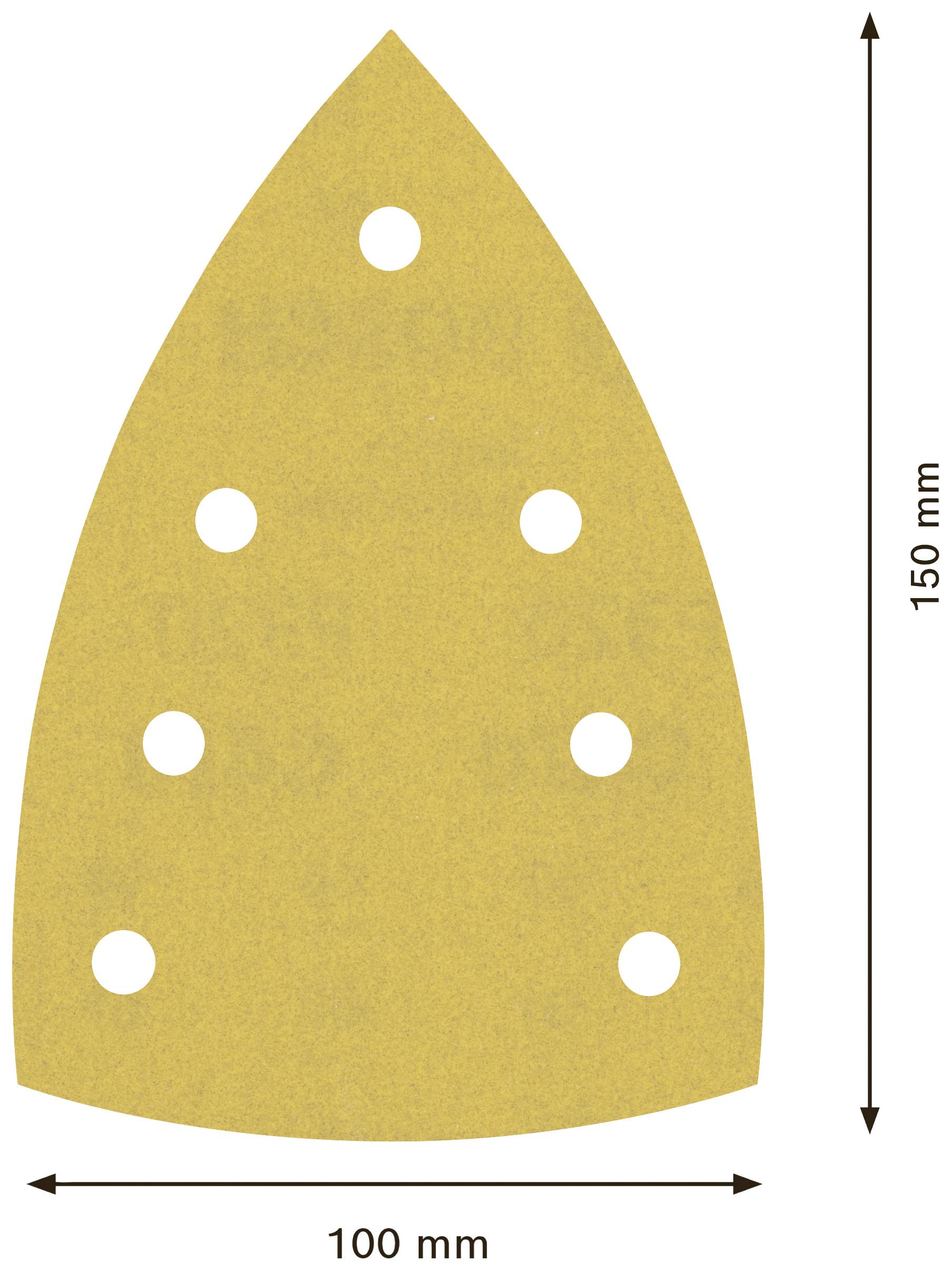 Trójkątny papier ścierny z otworami do wielofunkcyjnej szlifierki, wymiary: 150 mm długości, 100 mm szerokości, w kolorze żółtym.