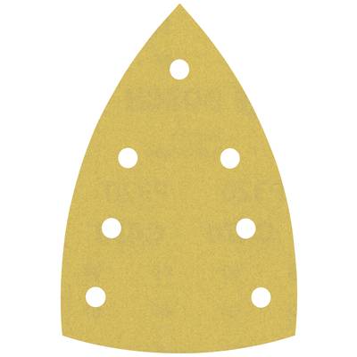 Żółty papier ścierny w kształcie żelazka, z sześcioma równomiernie rozmieszczonymi otworami; odpowiedni do użycia w szlifierkach.