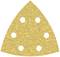 Trójkątny papier ścierny z sześcioma równomiernie rozmieszczonymi otworami i grubym ziarnem, odpowiedni do szlifowania ręcznego lub maszynowego.