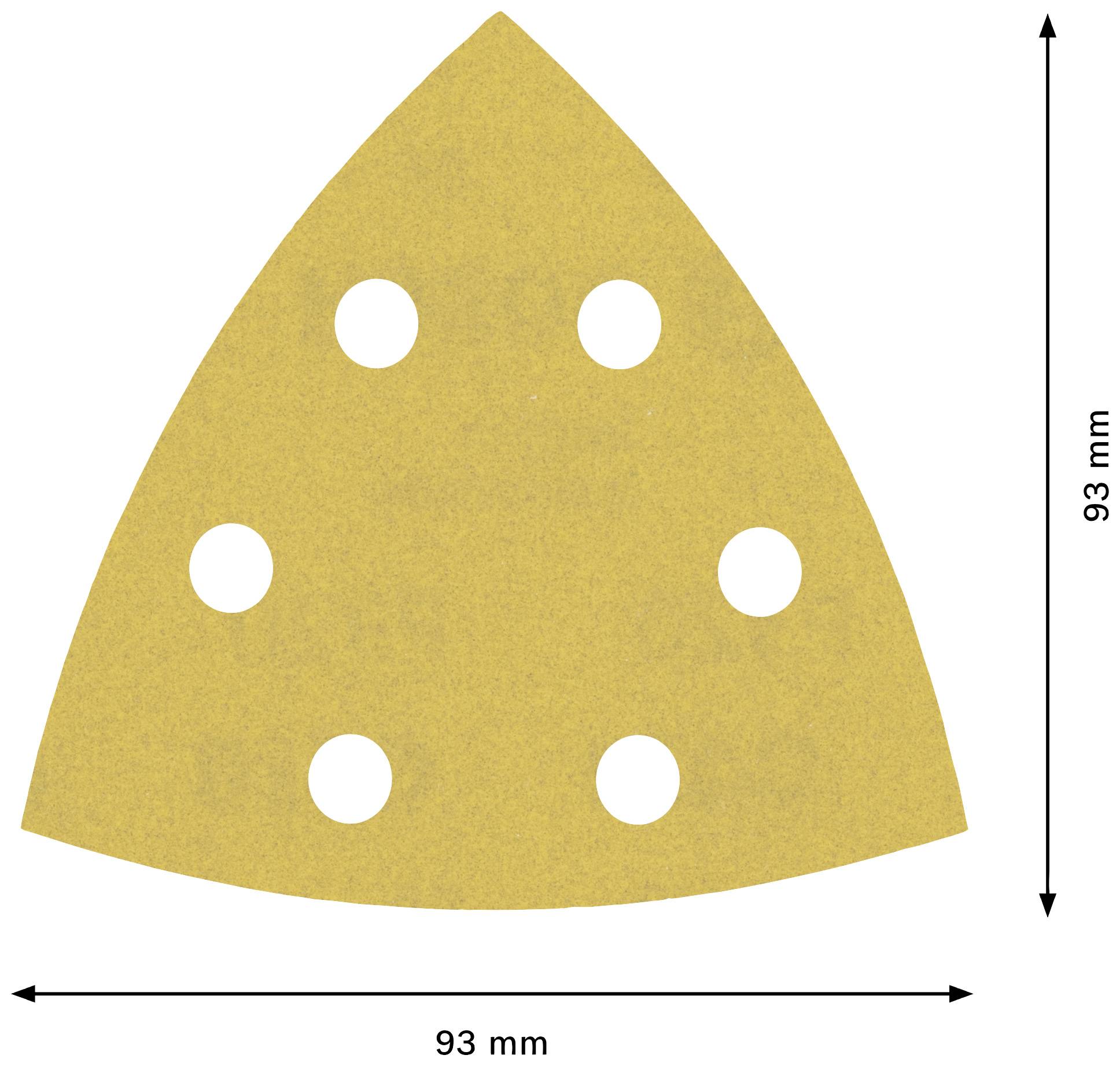 Trójkątny papier ścierny z sześcioma otworami, o wymiarach 93 mm x 93 mm.
