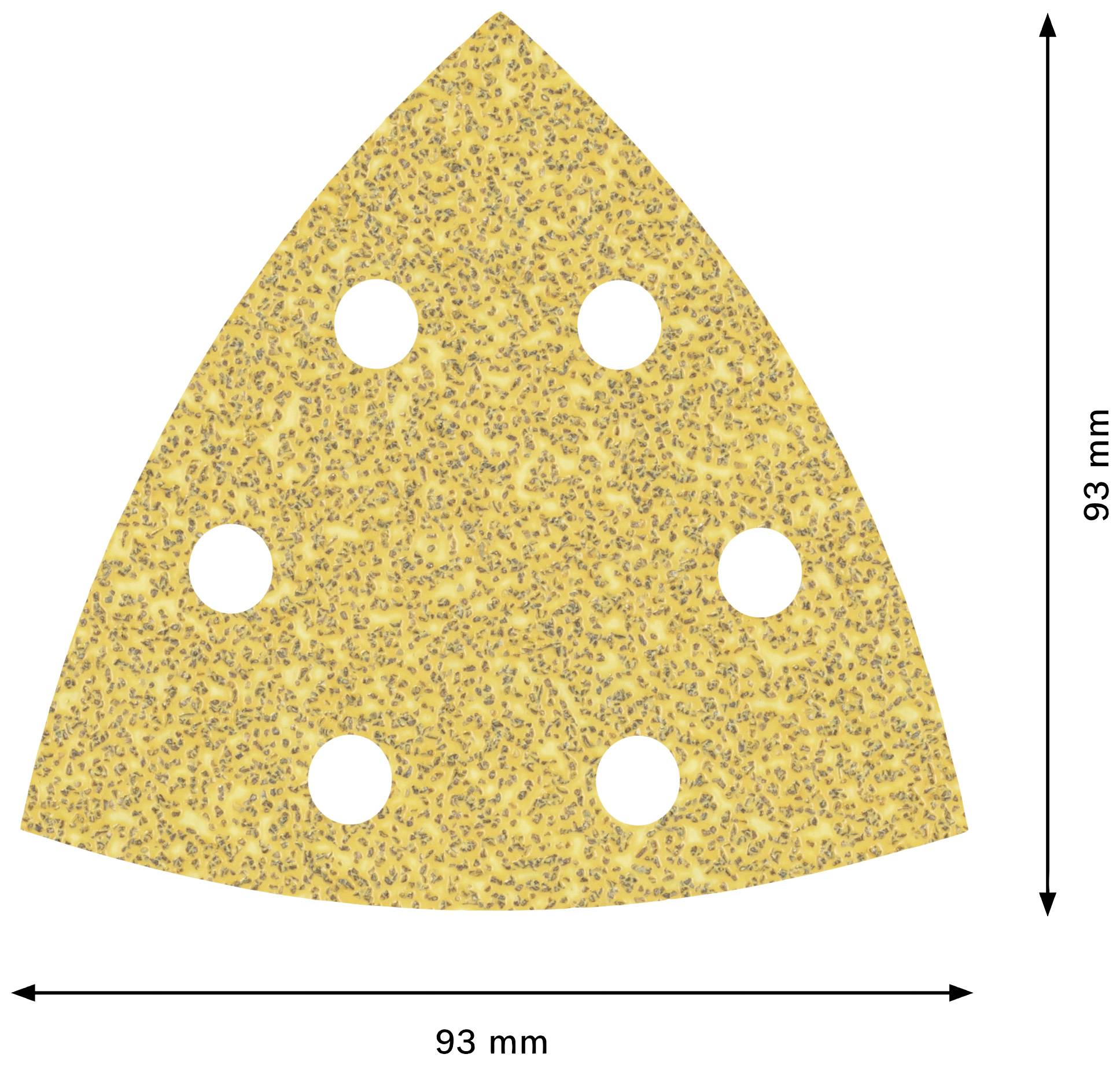 Trójkątny papier ścierny z sześcioma okrągłymi otworami, o szerokości i wysokości 93 mm, z widocznym żółtym ziarnem.