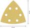 Trójkątny papier ścierny z sześcioma otworami, długi i szeroki na 93 mm, na neutralnym tle.