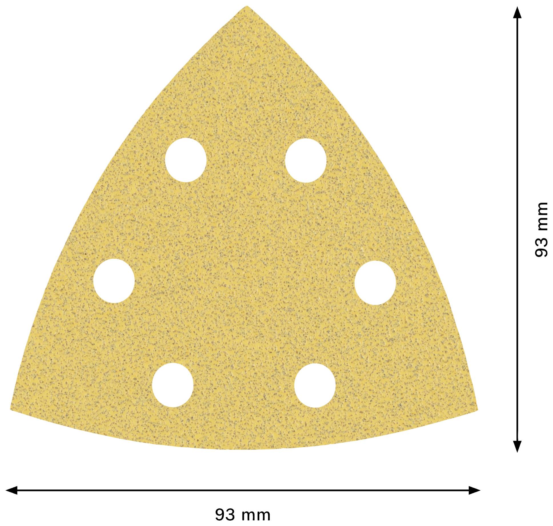 Trójkątny papier ścierny z sześcioma otworami, 93 mm x 93 mm, na białym tle.