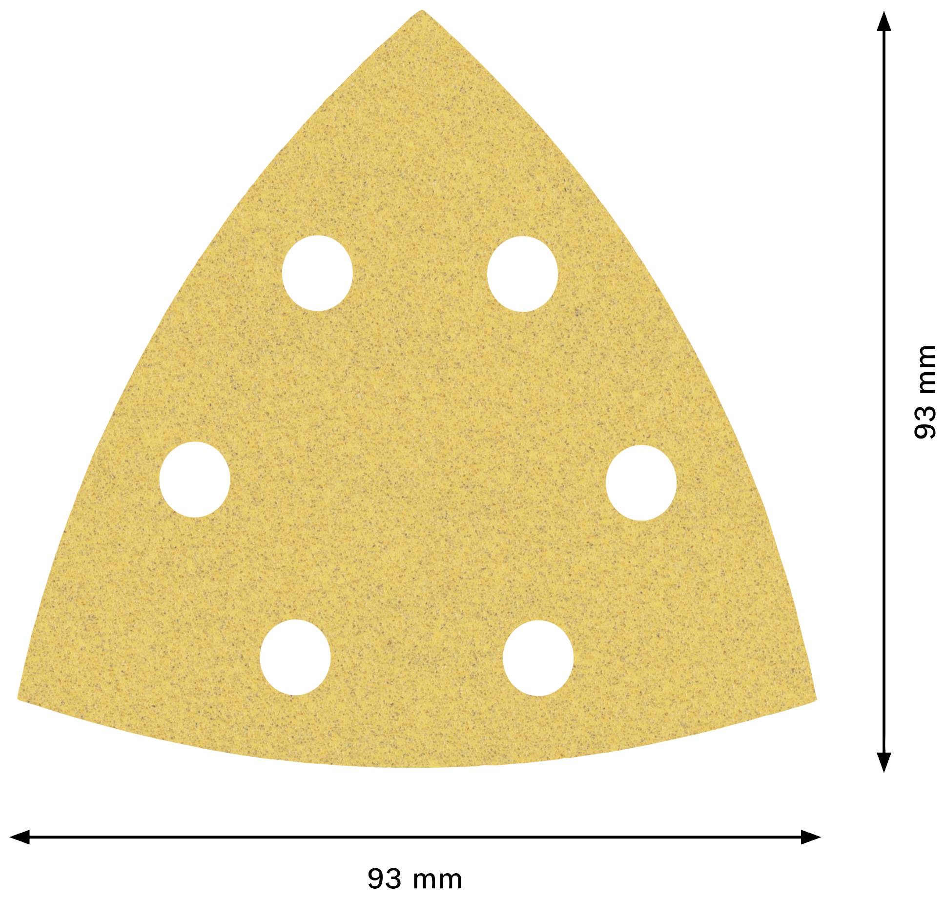 Trójkątny papier ścierny z sześcioma okrągłymi otworami o rozmiarze 93 mm x 93 mm, przedstawiony za pomocą podwójnych strzałek.