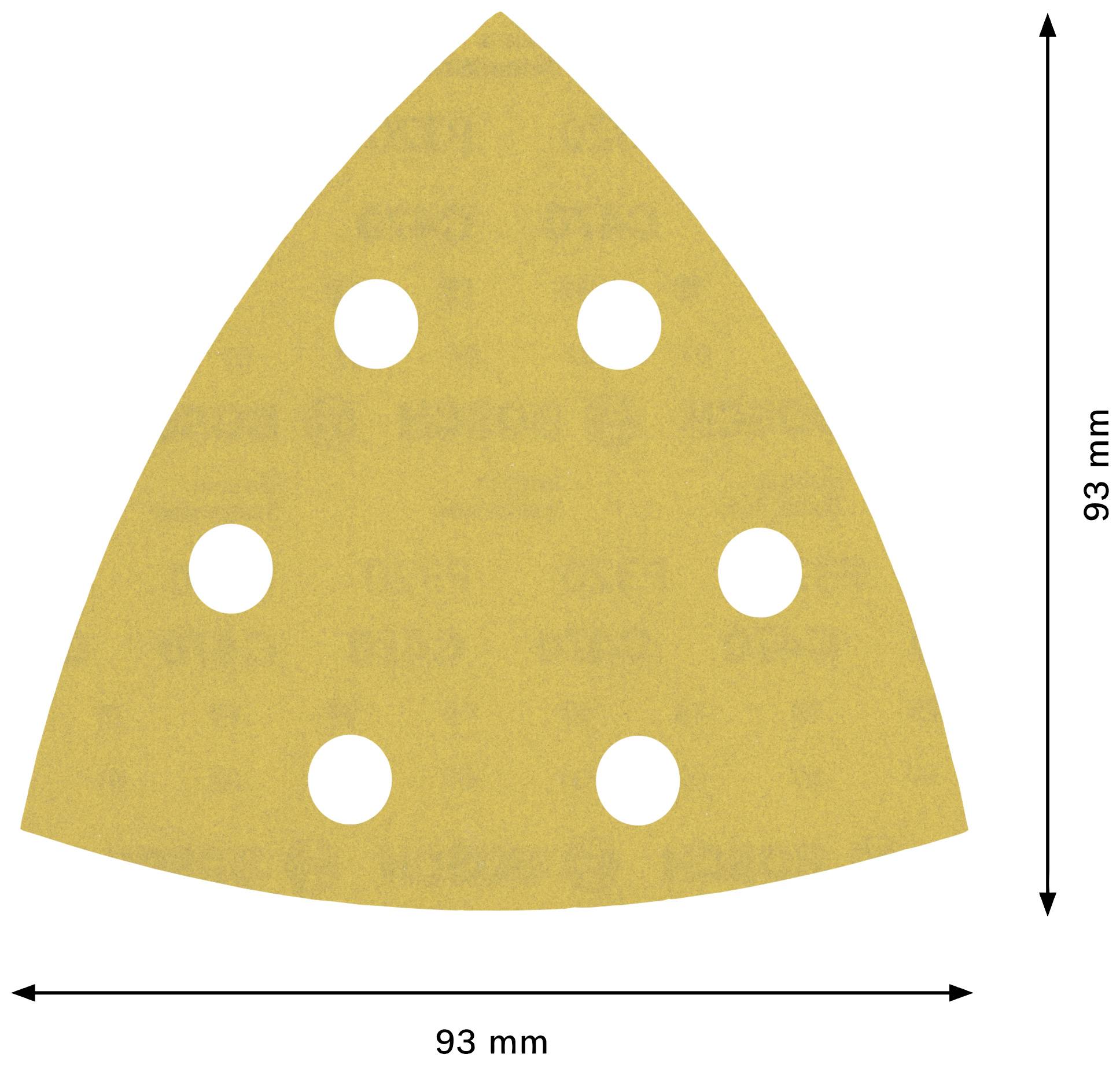 Trójkątny, żółty papier ścierny z otworami; wymiary: 93 mm x 93 mm.