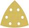 Żółty, trójkątny papier ścierny z sześcioma równomiernie rozmieszczonymi otworami.