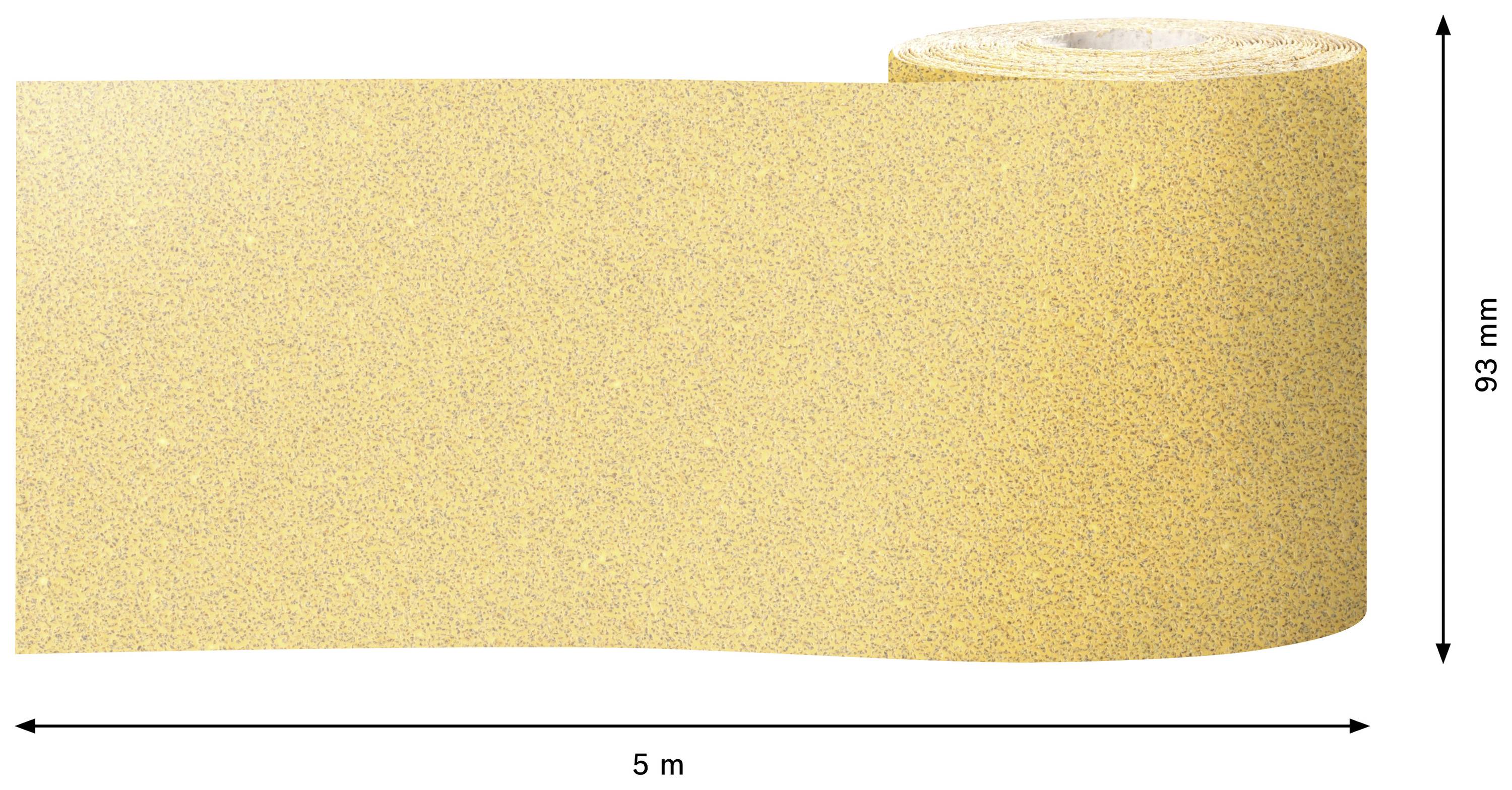 Rolka papieru ściernego, 5 metrów długa i 93 milimetry szeroka, rozłożona na płasko.