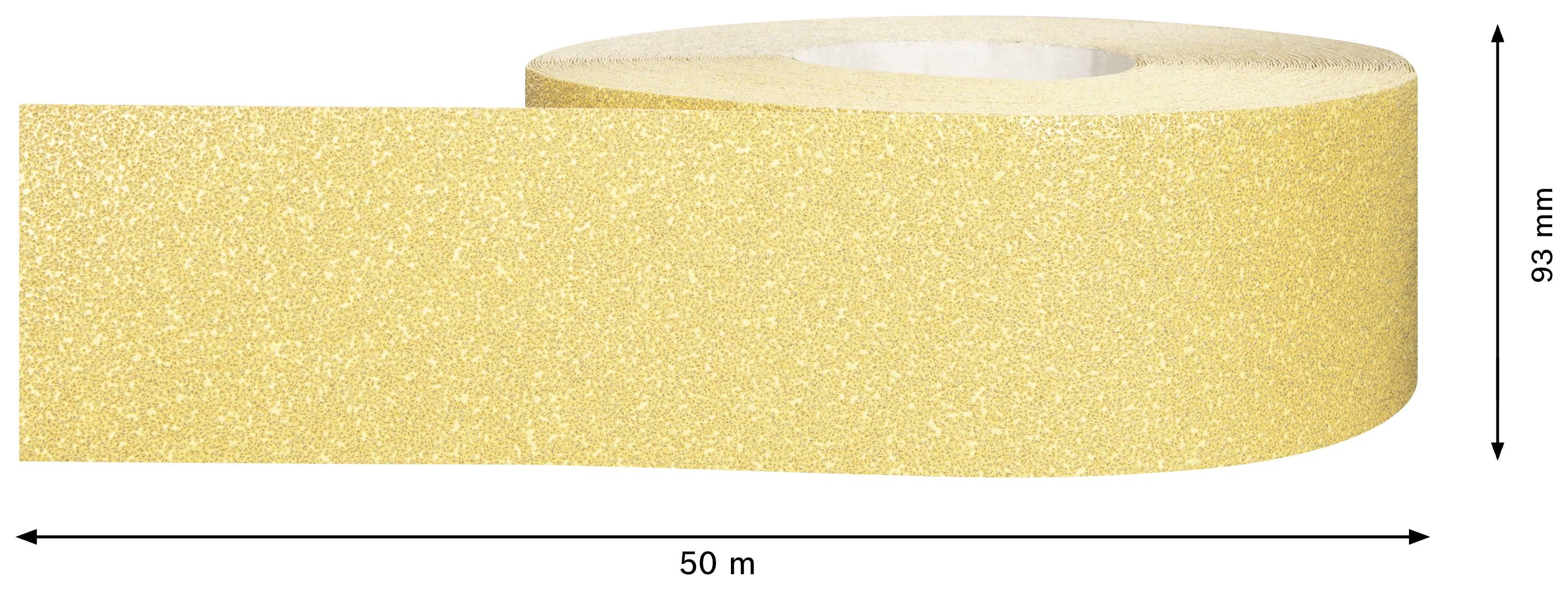 Żółta taśma klejąca o długości 50 m i szerokości 93 mm.