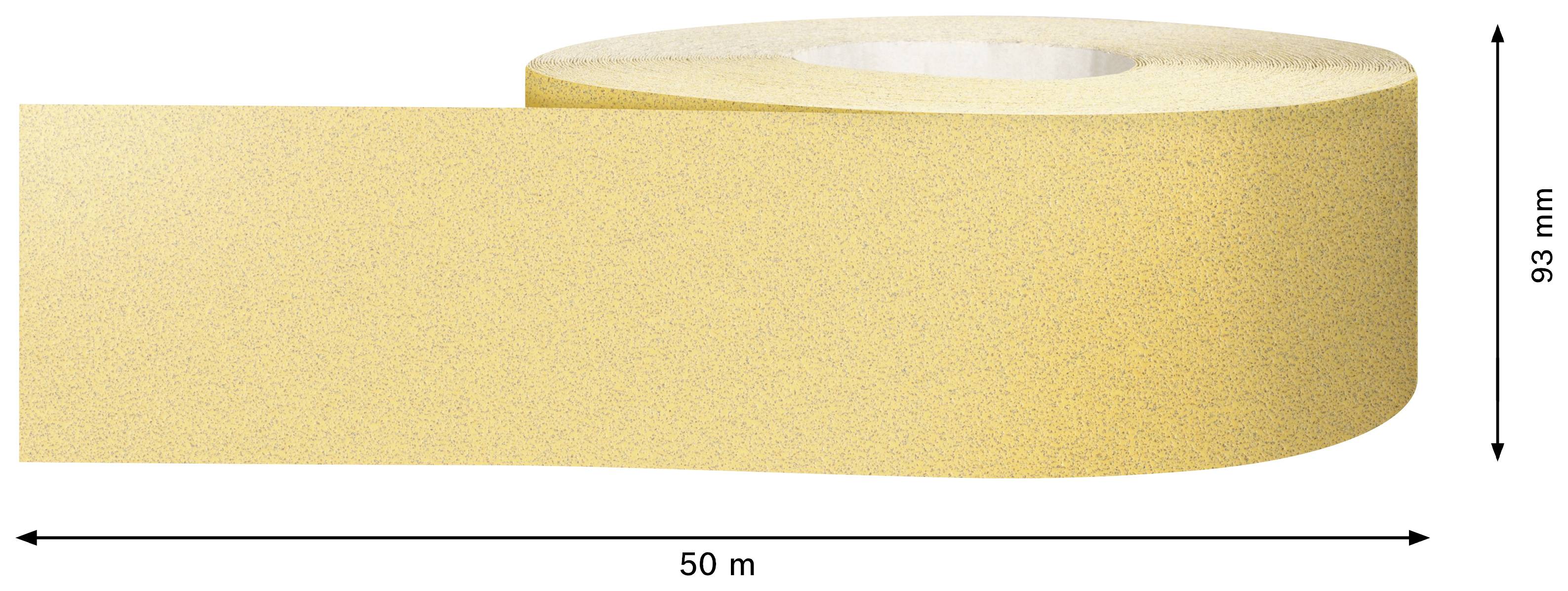 Żółta rolka taśmy klejącej, 50 metrów długa i 93 milimetry szeroka, leży na boku.