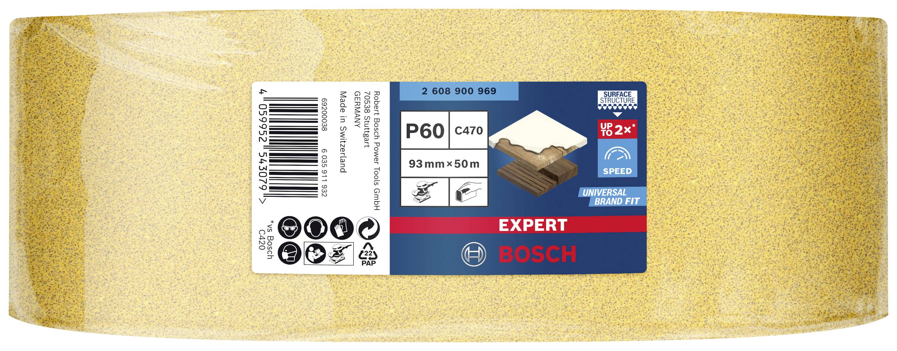 Żółta rolka szlifierska Bosch, model 'Expert P60 C470', rozmiar 93 mm x 50 m, odpowiednia do drewna, farby, lakieru, do uniwersalnego użycia.