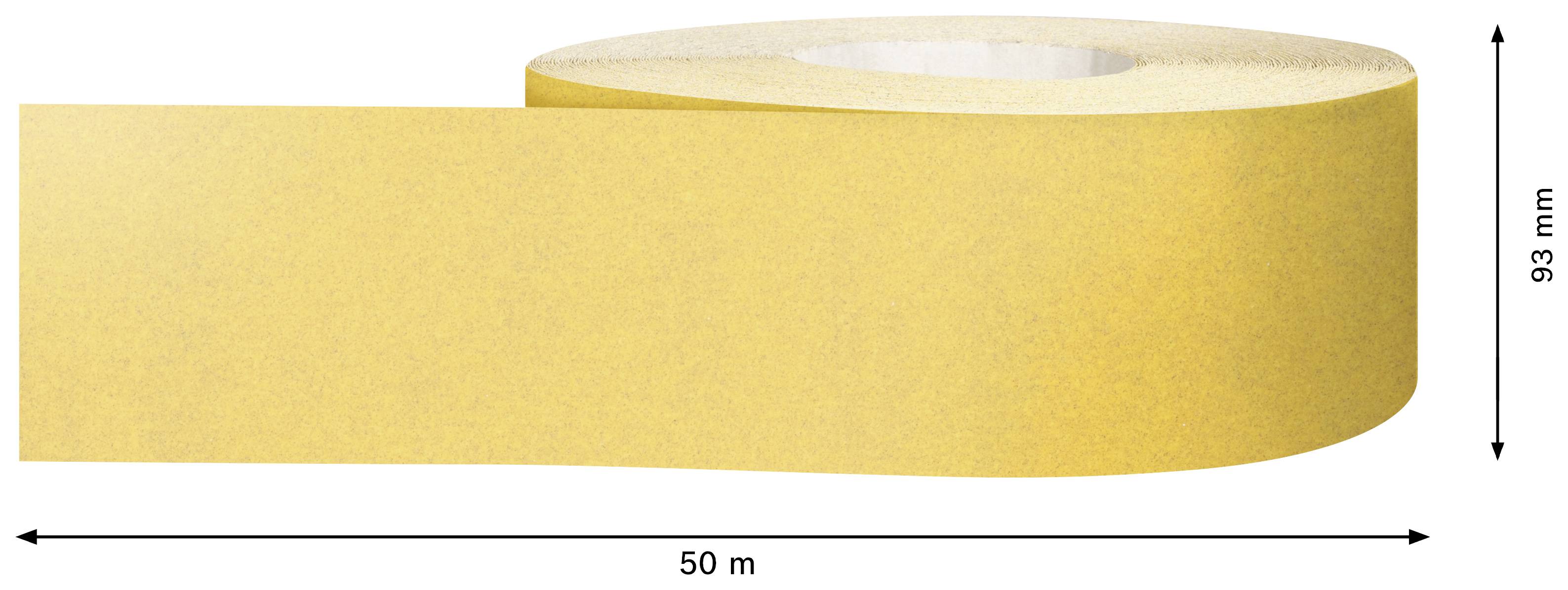 Żółta taśma klejąca o długości 50 metrów i szerokości 93 milimetrów, zwinięta w rolkę i przedstawiona z boku.