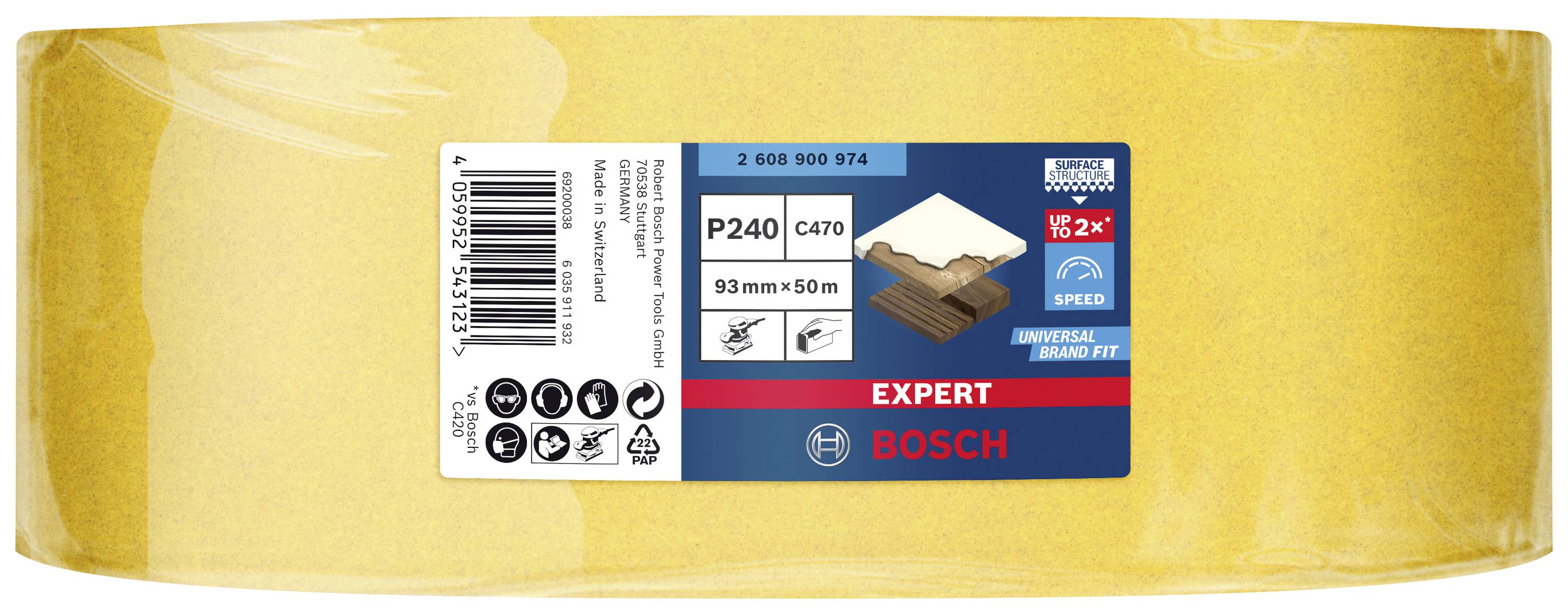 Żółto-brązowa rolka papieru ściernego, marka Bosch 'EXPERT', ziarnistość P240, 93 mm x 50 m. Odpowiednia do drewna, lakieru, metalu.