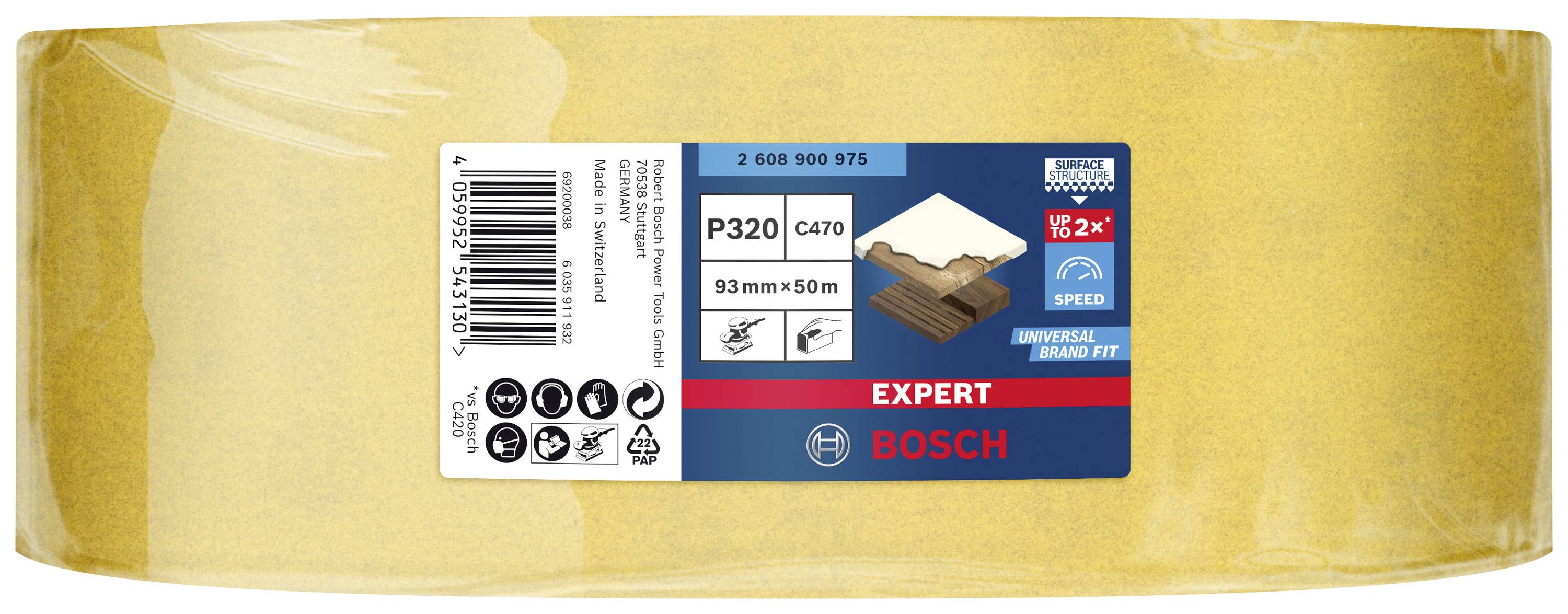 Rolka papieru ściernego z żółtą powierzchnią, logo Bosch, ziarnistość P320, 93 mm x 50 m. Odpowiednia do drewna i lakieru.