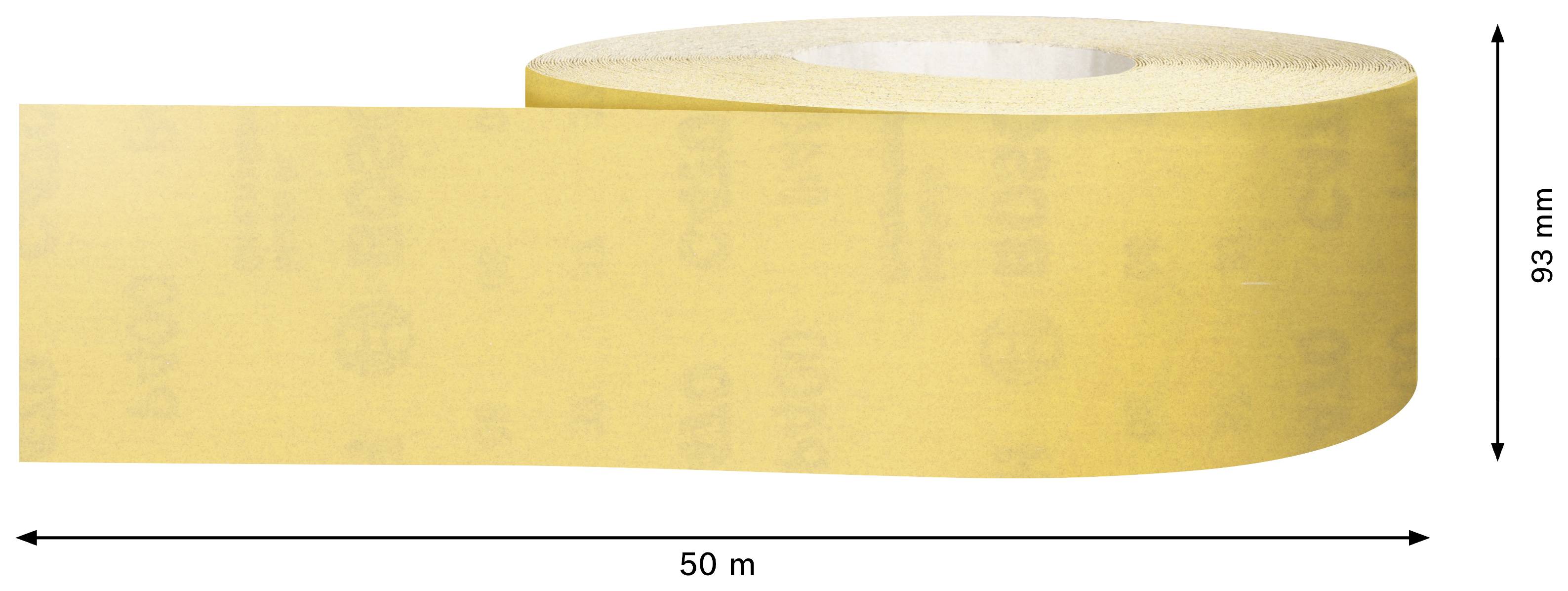 Szeroka, żółta taśma klejąca, o wysokości 93 mm i długości 50 m, rozwijana od lewej do prawej strony.