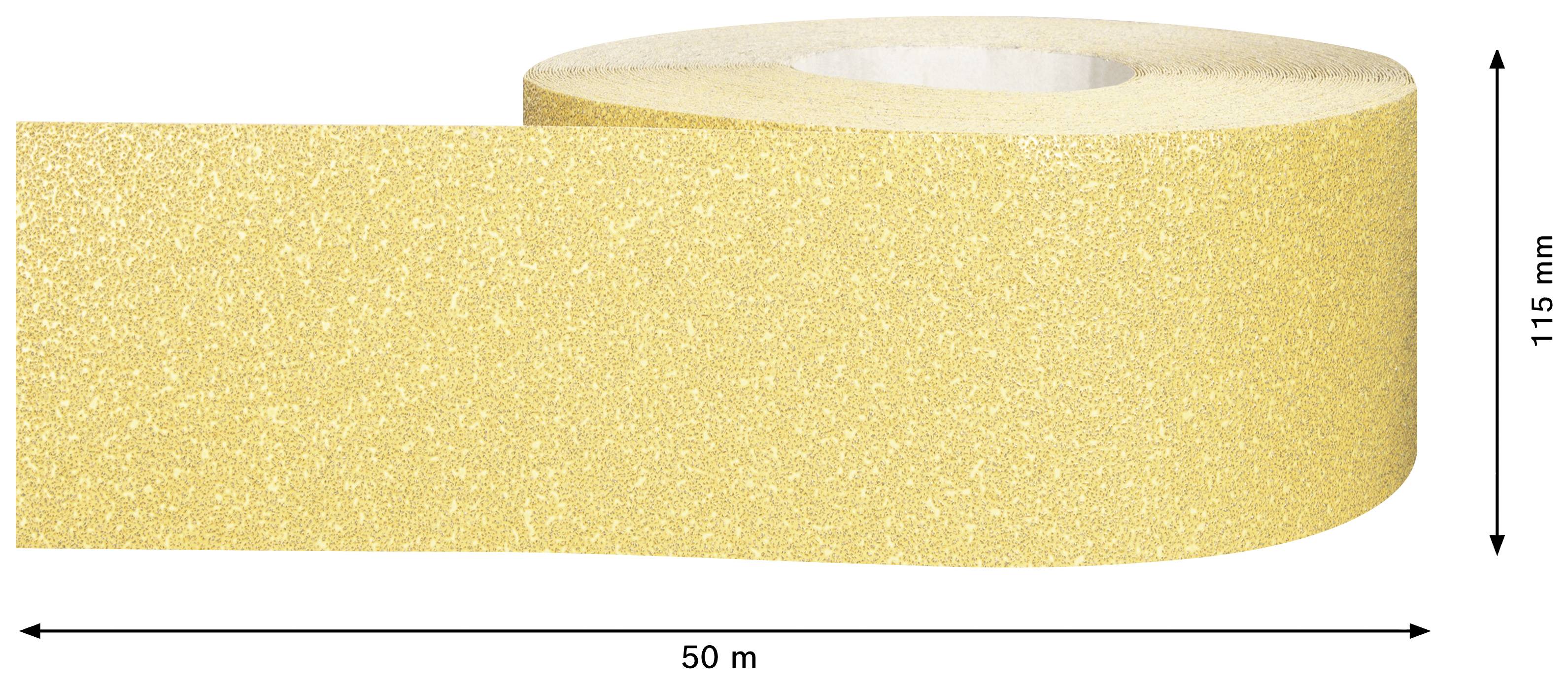 Rolka żółtego papieru ściernego o długości 50 metrów i szerokości 115 milimetrów.