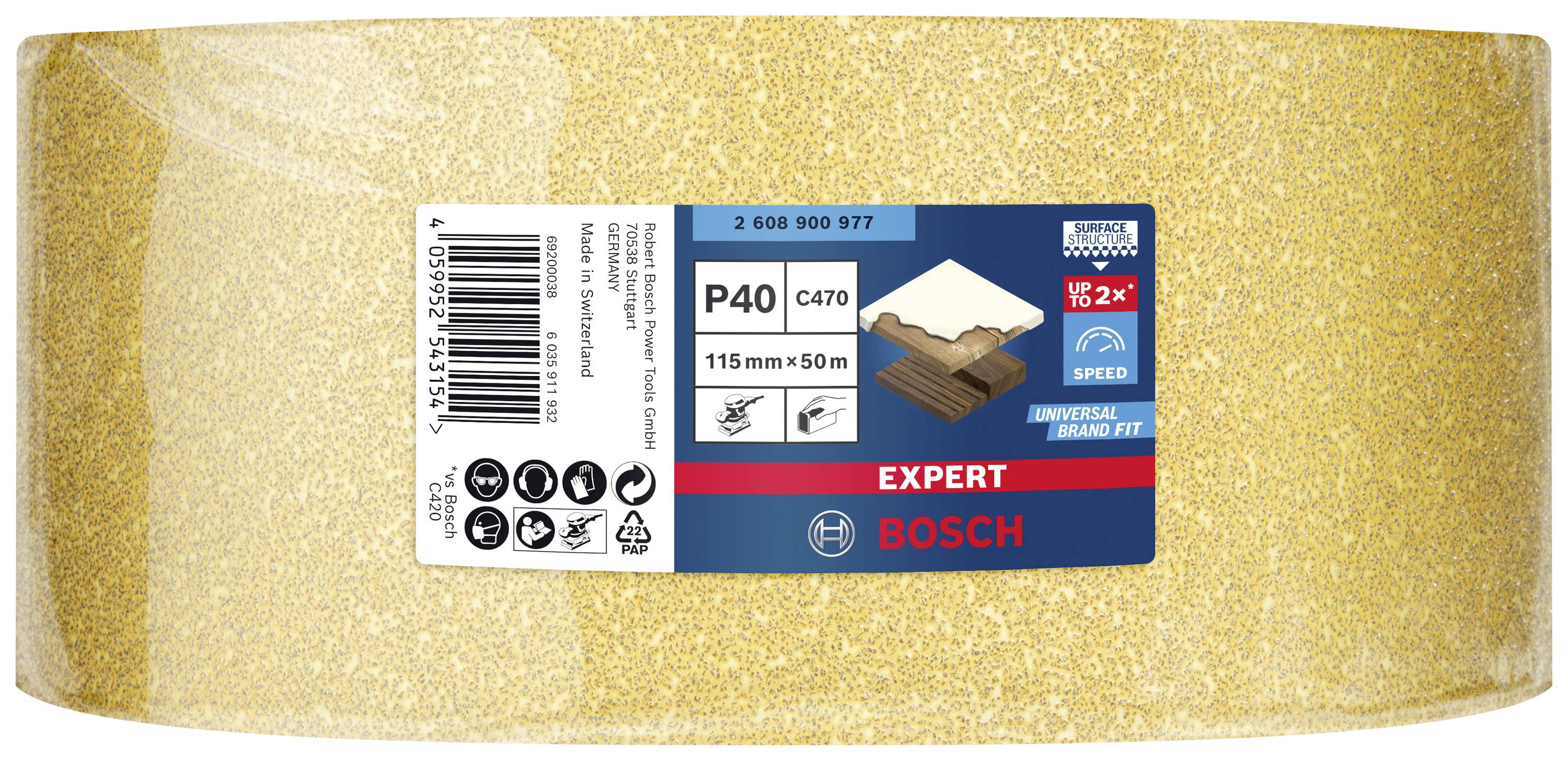 Rolka papieru ściernego P40 firmy Bosch, 115mm x 50m, odpowiednia do szlifowania drewna. Etykieta przedstawia logo marki i specyfikacje.