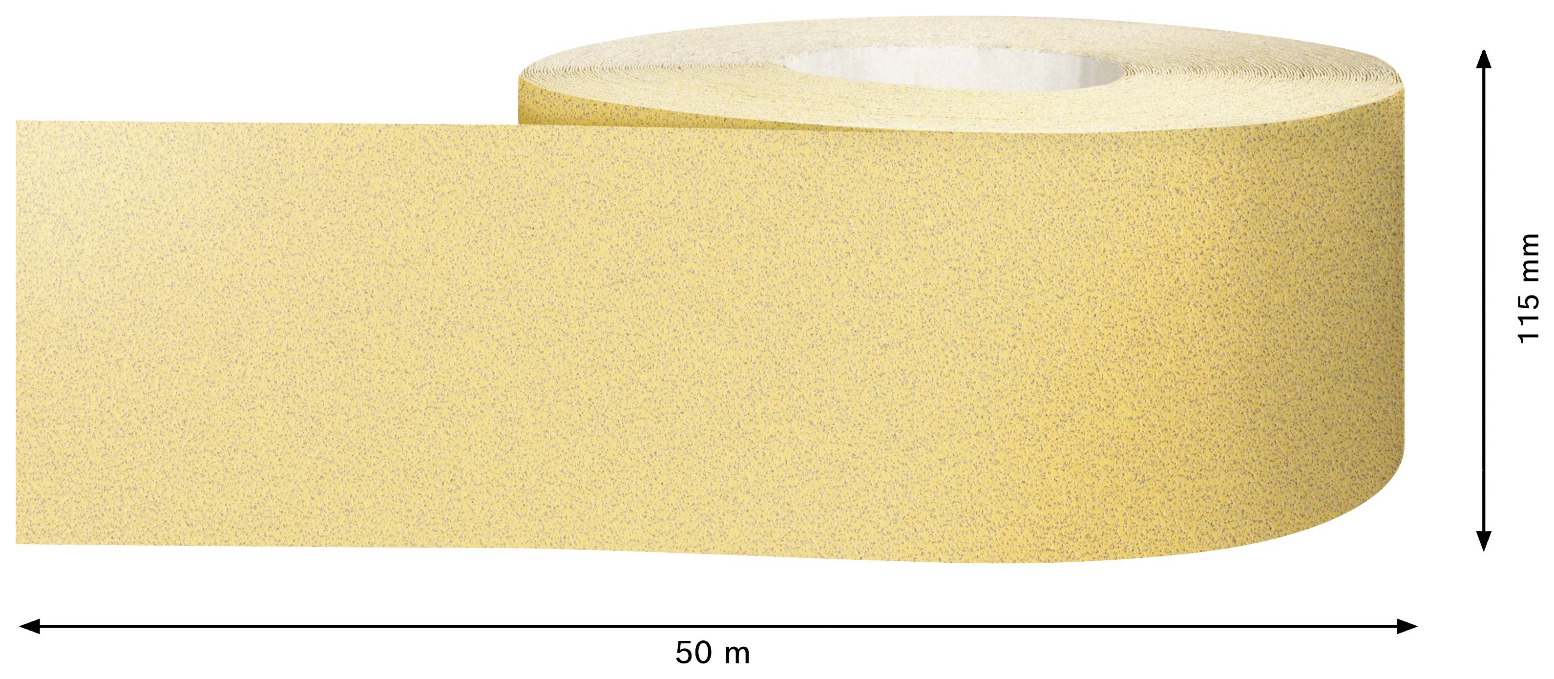 Ilustracja rolki żółtego papieru ściernego o długości 50 metrów i szerokości 115 milimetrów.