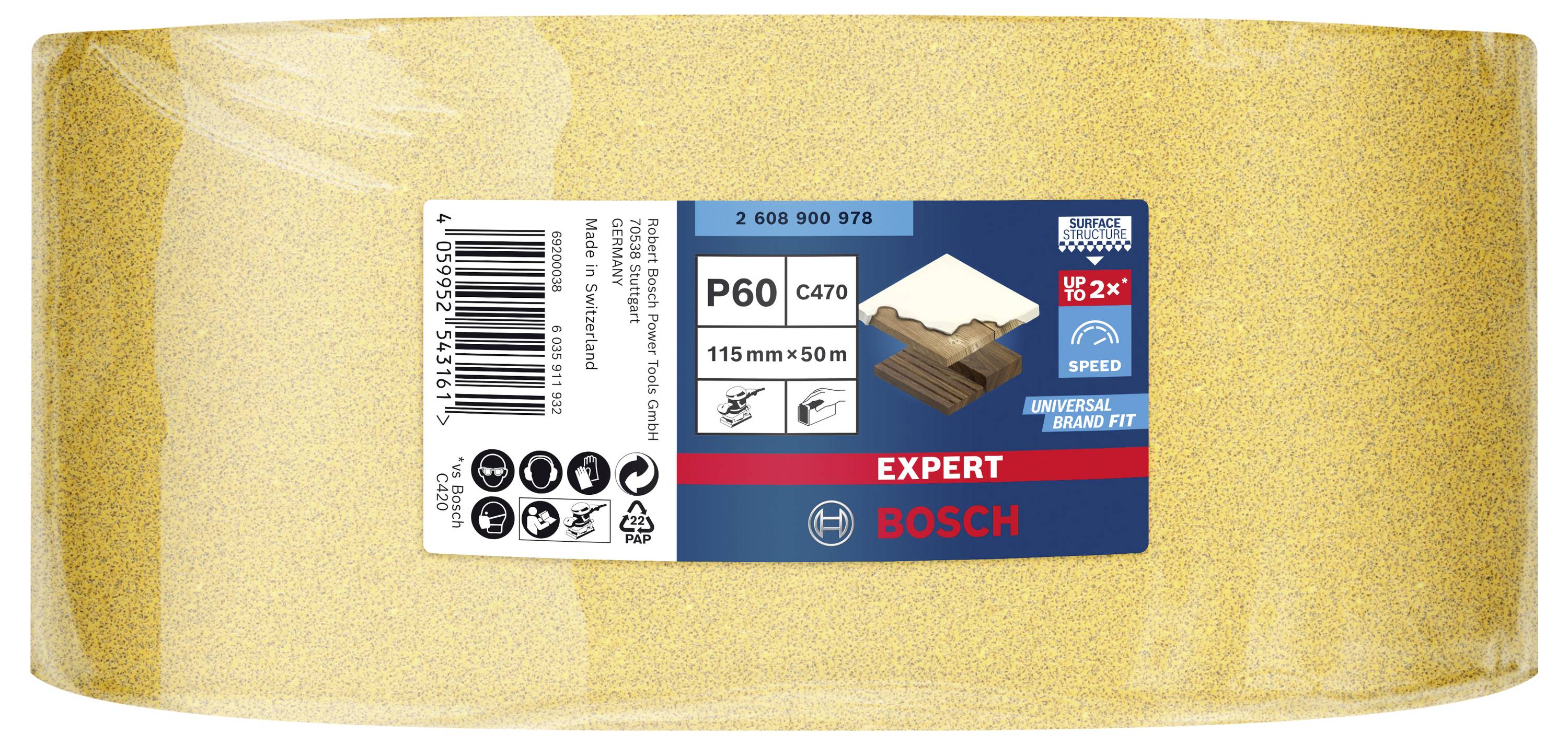 Rolka papieru ściernego P60, 115mm x 50m, marka Bosch. Odpowiednia do drewna, farby i metalu. Opakowanie przedstawia szczegóły produktu i logo.