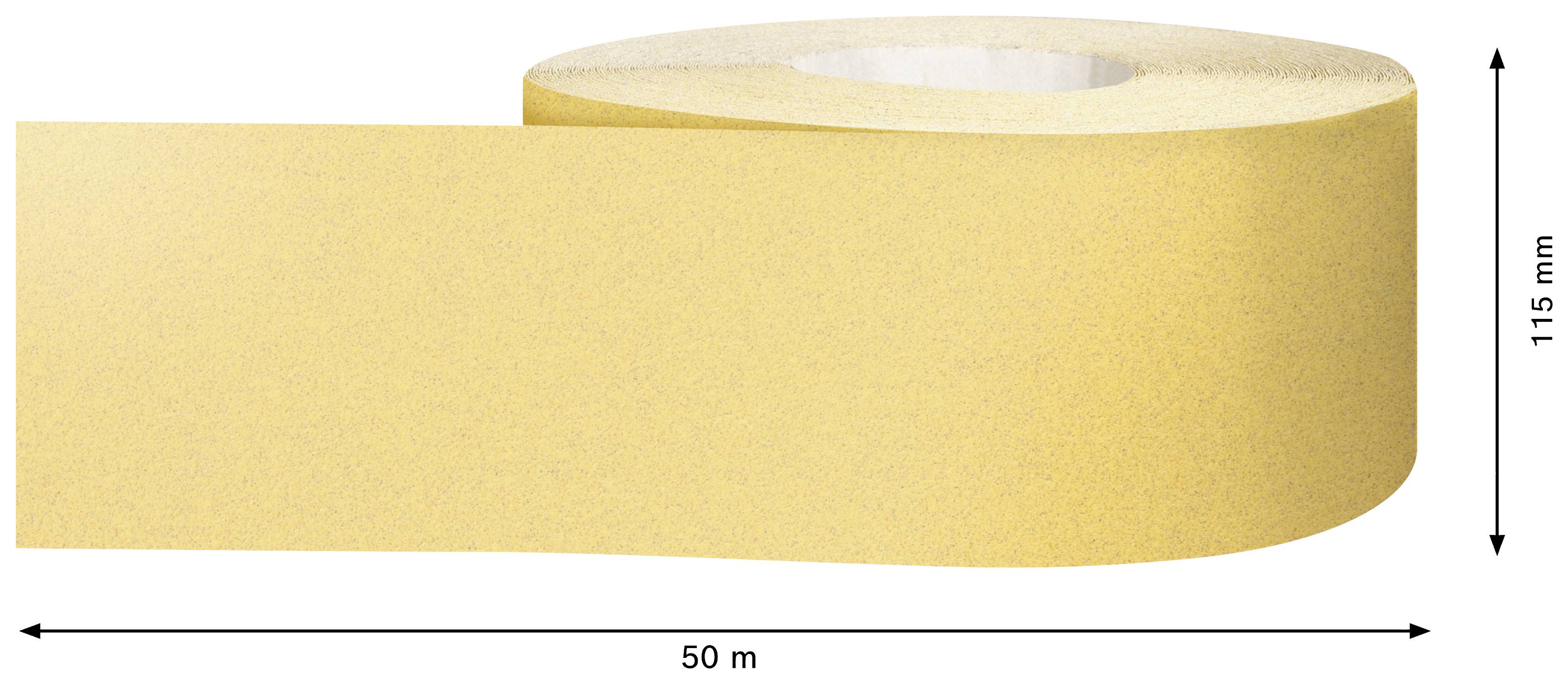 Żółta taśma klejąca, 50 m długości i 115 mm szerokości.
