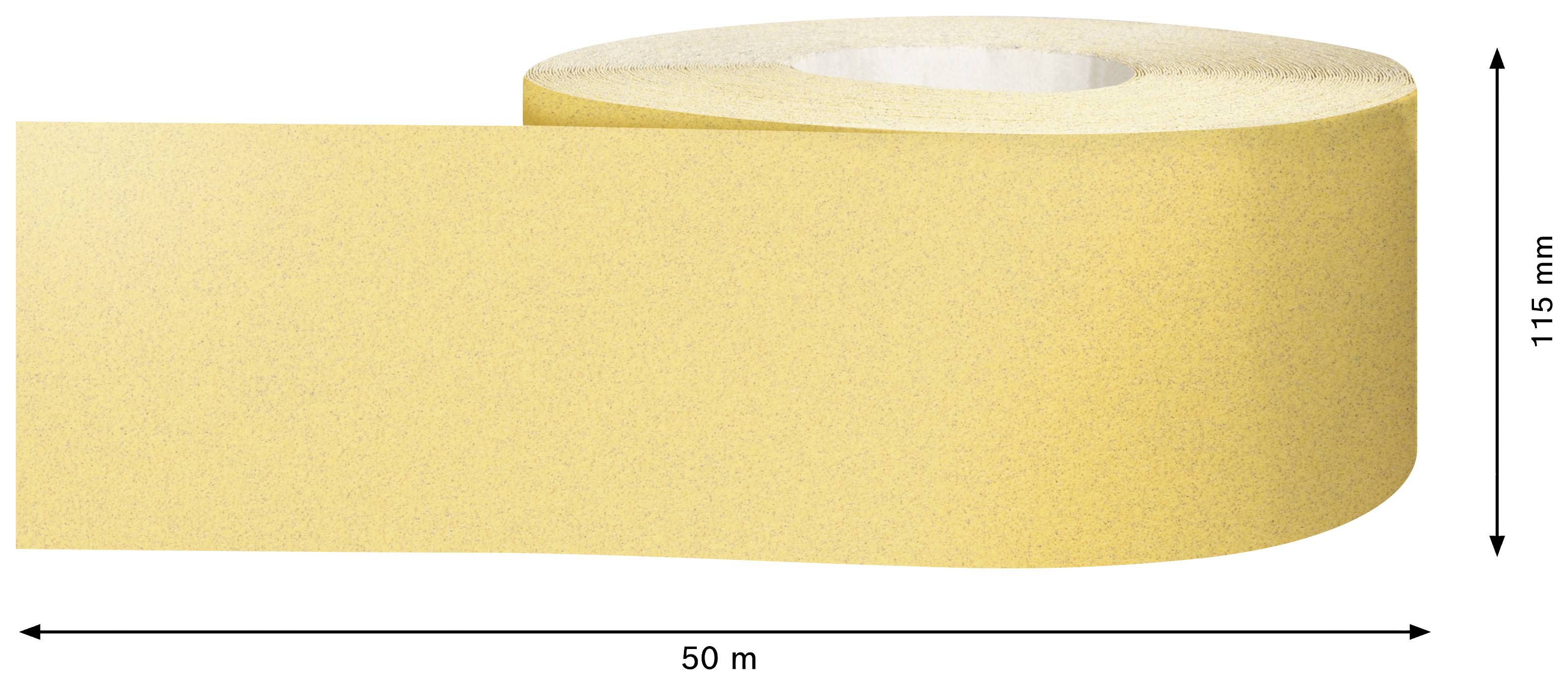 Rolka żółtego materiału, 50 m długości i 115 mm szerokości.