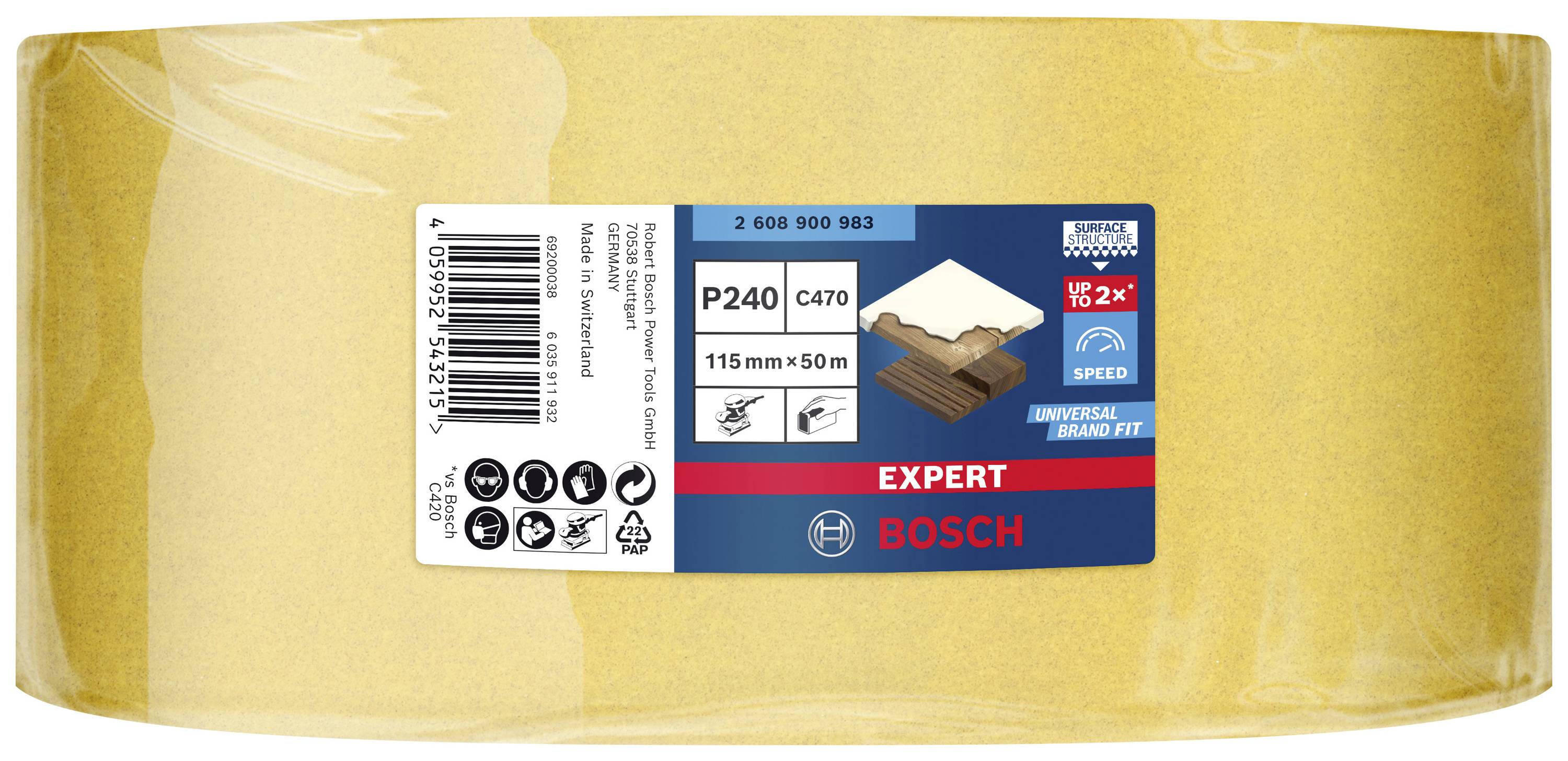 Rolka papieru ściernego Bosch, żółta, 115 mm x 50 m, odpowiednia do drewna i farby. Model: P240 C470.