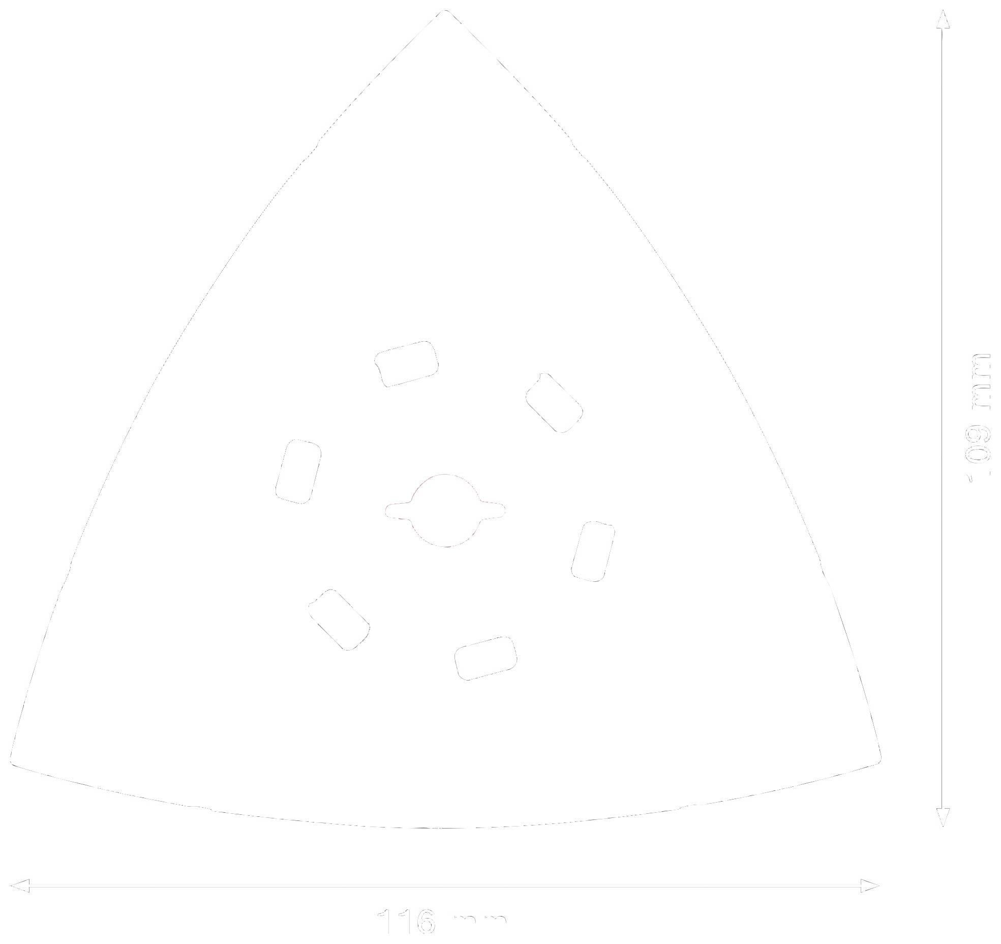 Rysunek techniczny trójkątnej nasadki szlifierskiej z otworem centralnym i bocznym; wymiary: 99 mm wysokości, 118 mm szerokości.