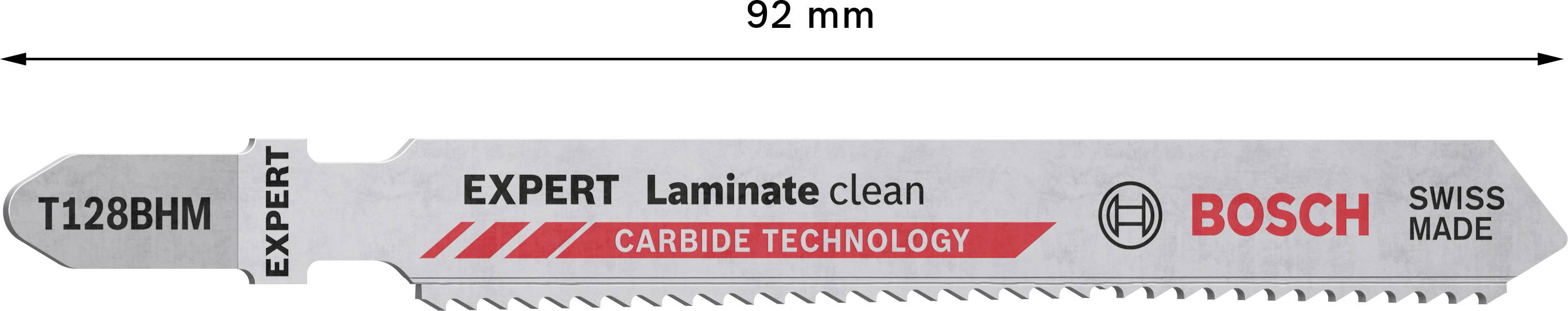 Brzeszczot do metalu firmy Bosch, model 'T128BHM', długość 92 mm, do laminatu i wykonany z węglika spiekanego. Napis: 'EXPERT Laminate clean'.