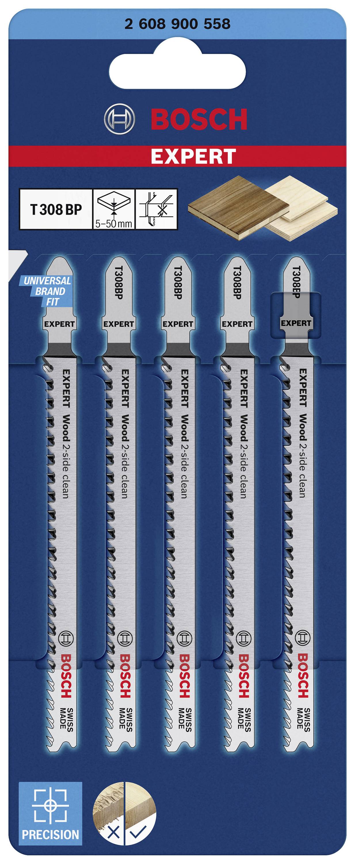 Двостороннє пильне полотно для лобзика Bosch Accessories Hardwood 2608900558, 5 шт.