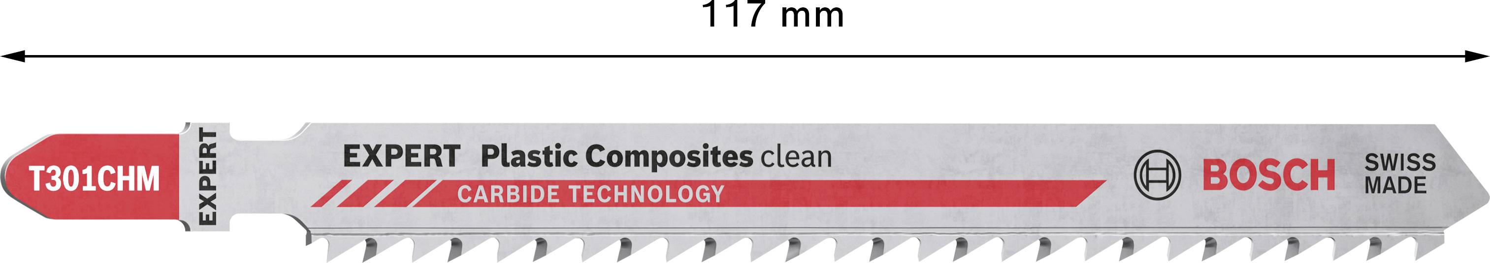 Piła tarczowa Bosch, długość 117 mm, do tworzyw sztucznych kompozytowych, z technologią węglika. Oznaczenia: 'EXPERT', 'Swiss Made'.